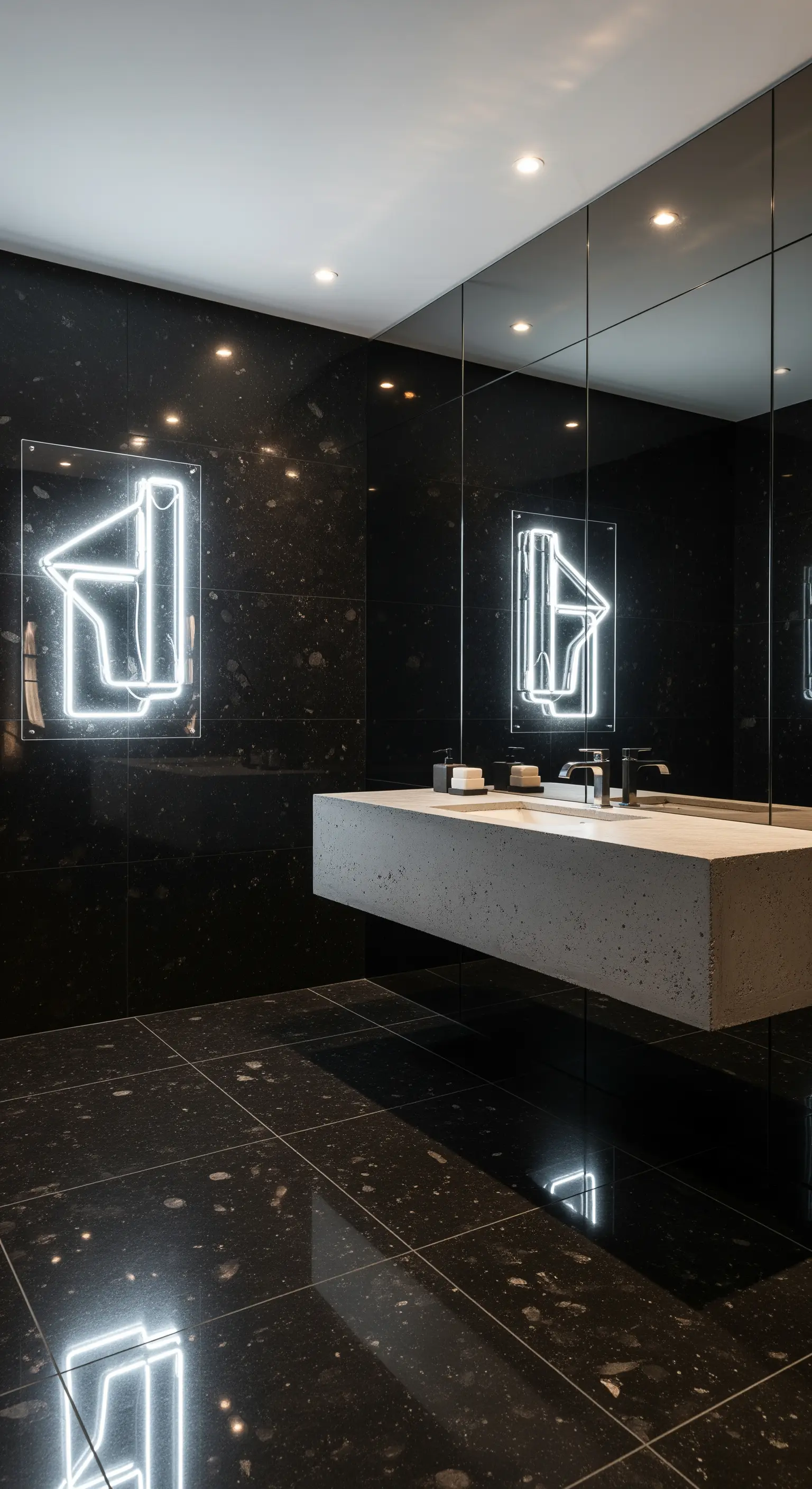 Modernes Bad mit weißer Neon-Wandkunst über Betonwaschtisch