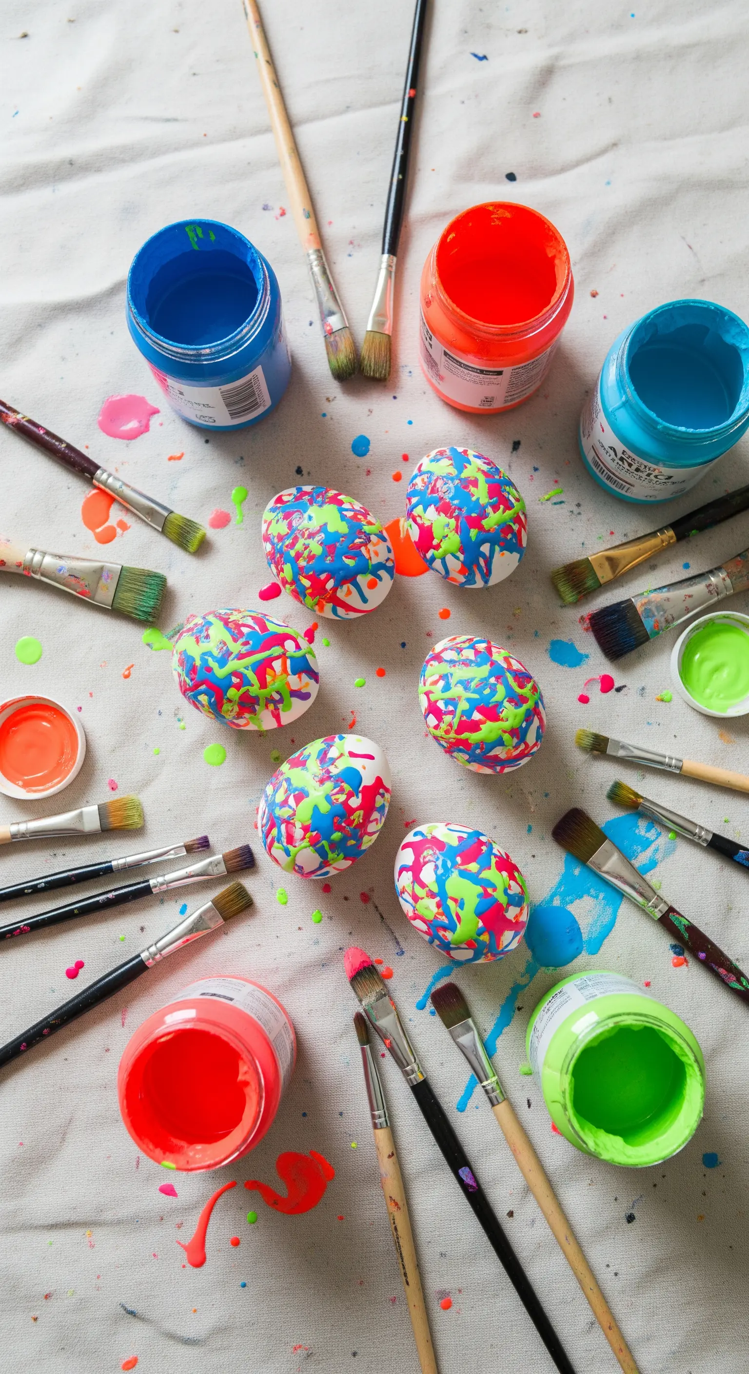 Bunt gesprenkelte Neon-Eier mit Pinseln und Farben