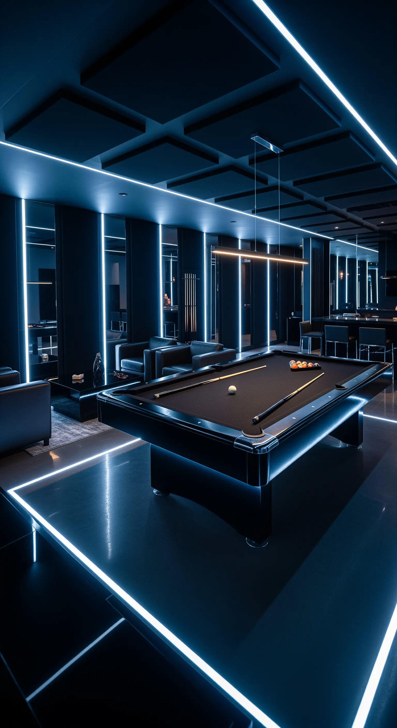 Billardzimmer mit schwarzem Boden und Neonlicht