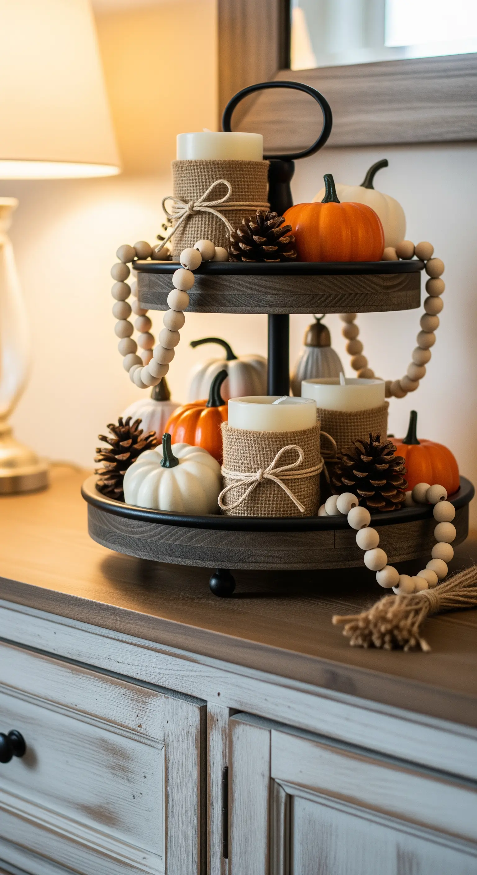 Dunkle Holzetagere mit weißen und orangen Kürbissen sowie Jute-Kerzen