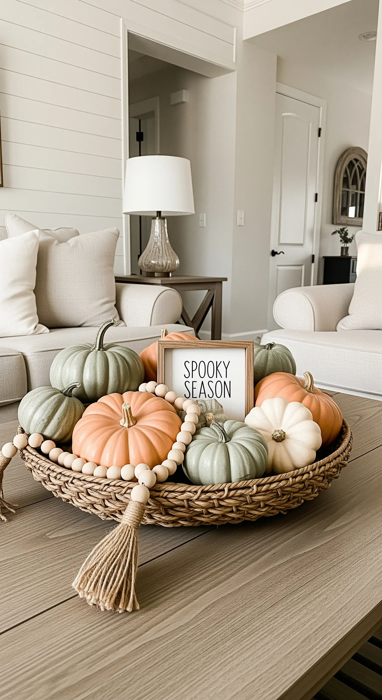 Korb mit pastellfarbenen Kürbissen und Holzperlenkette