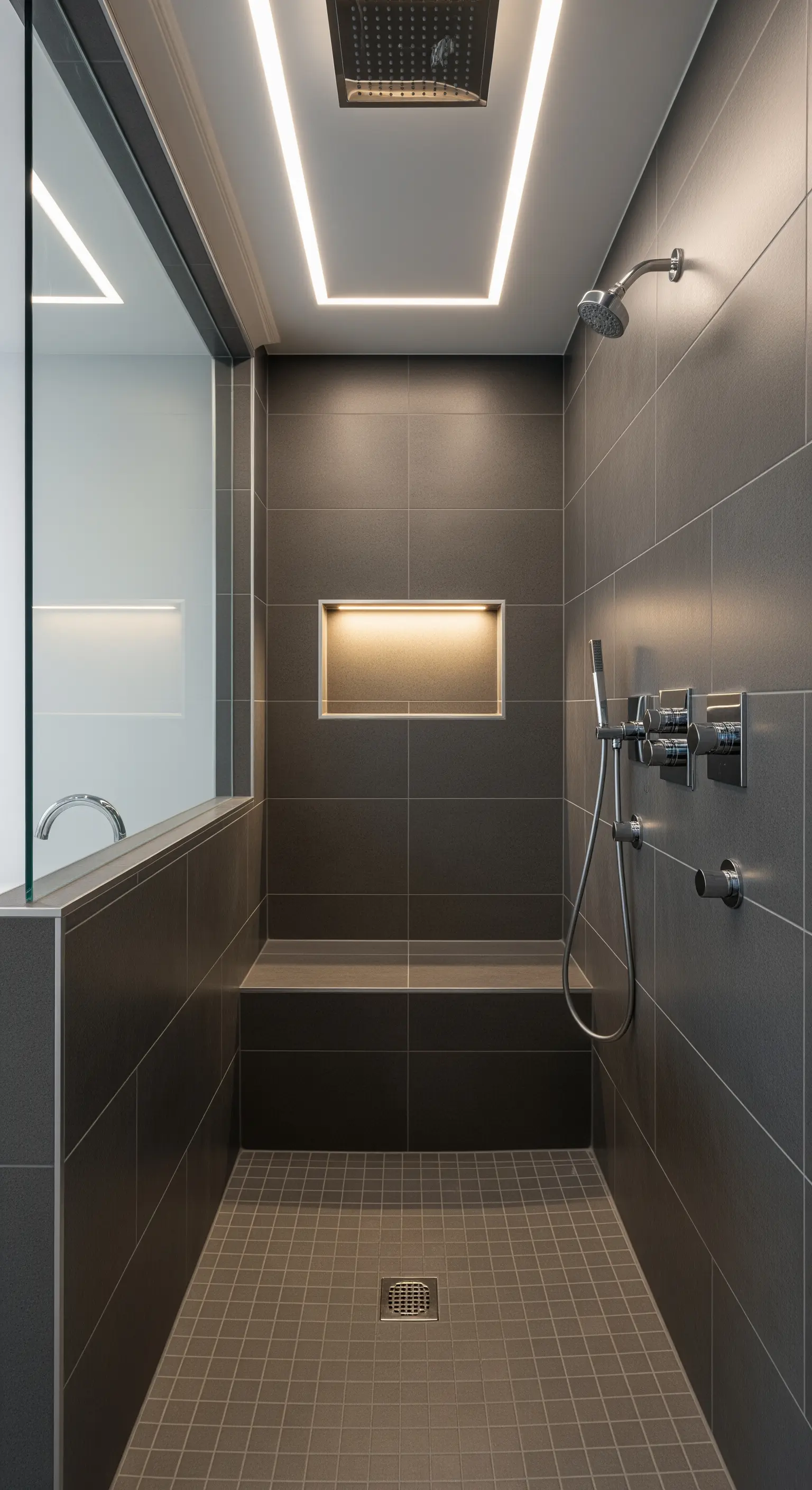 Dunkelgraue Dusche mit beleuchteter Wandnische für Duschgel