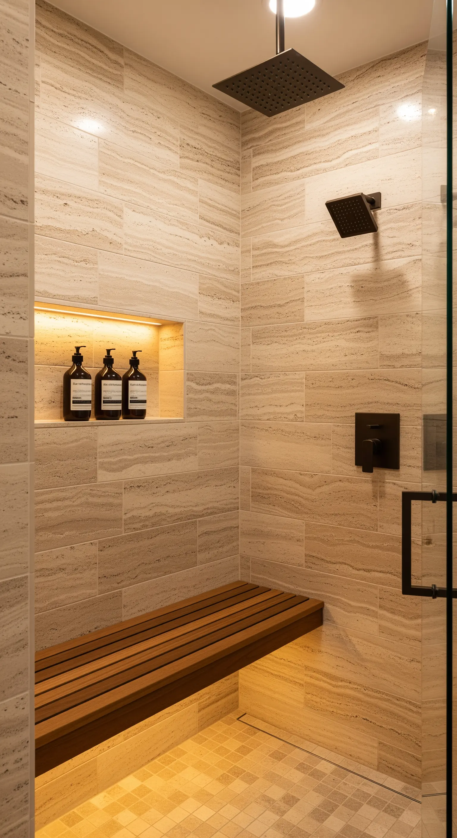 Beleuchtete Duschnische mit dunklen Braunglas-Flaschen