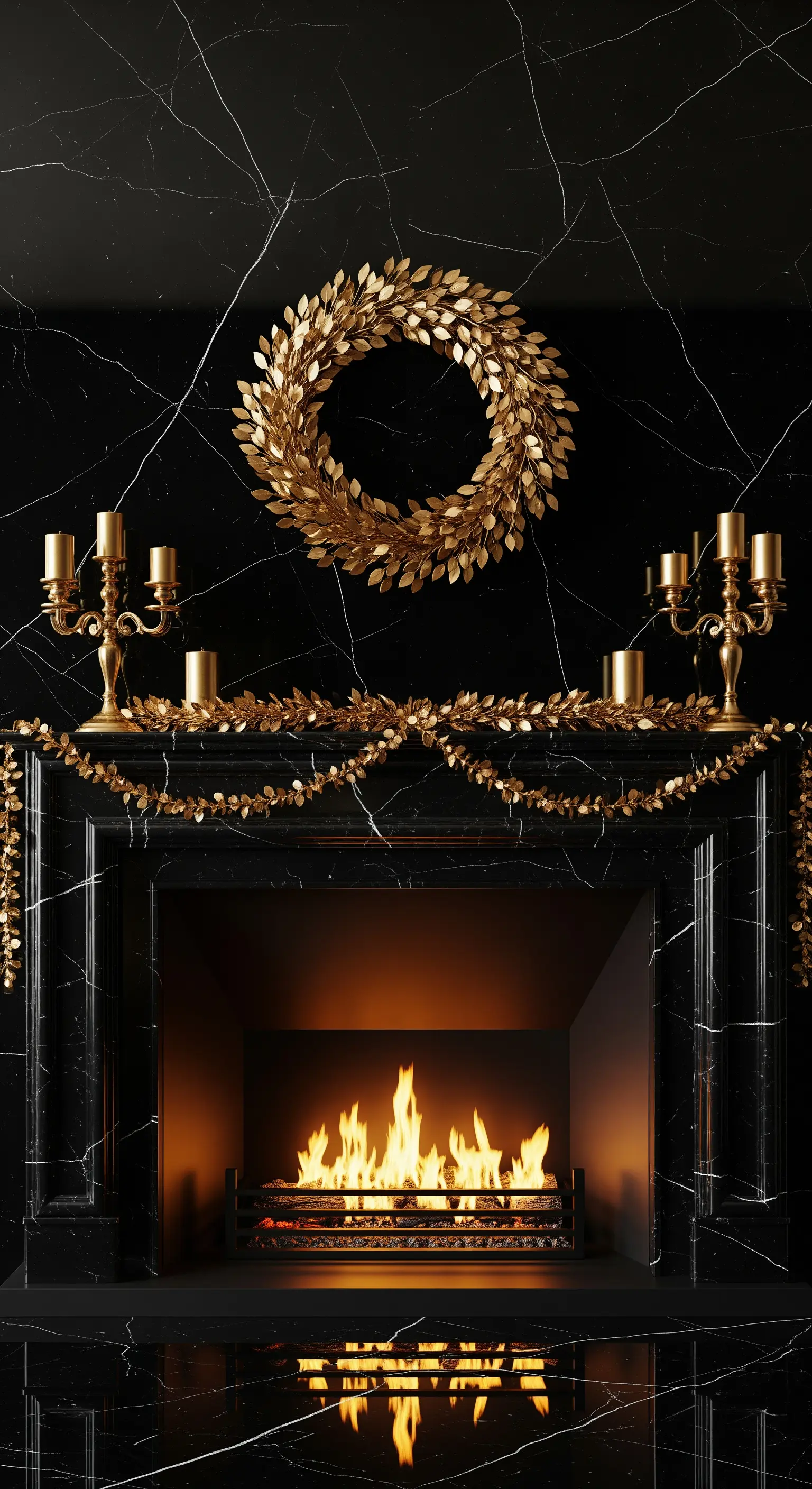 Schwarzer Marmorkamin mit rein goldener Blattgirlande und passendem Goldkranz.