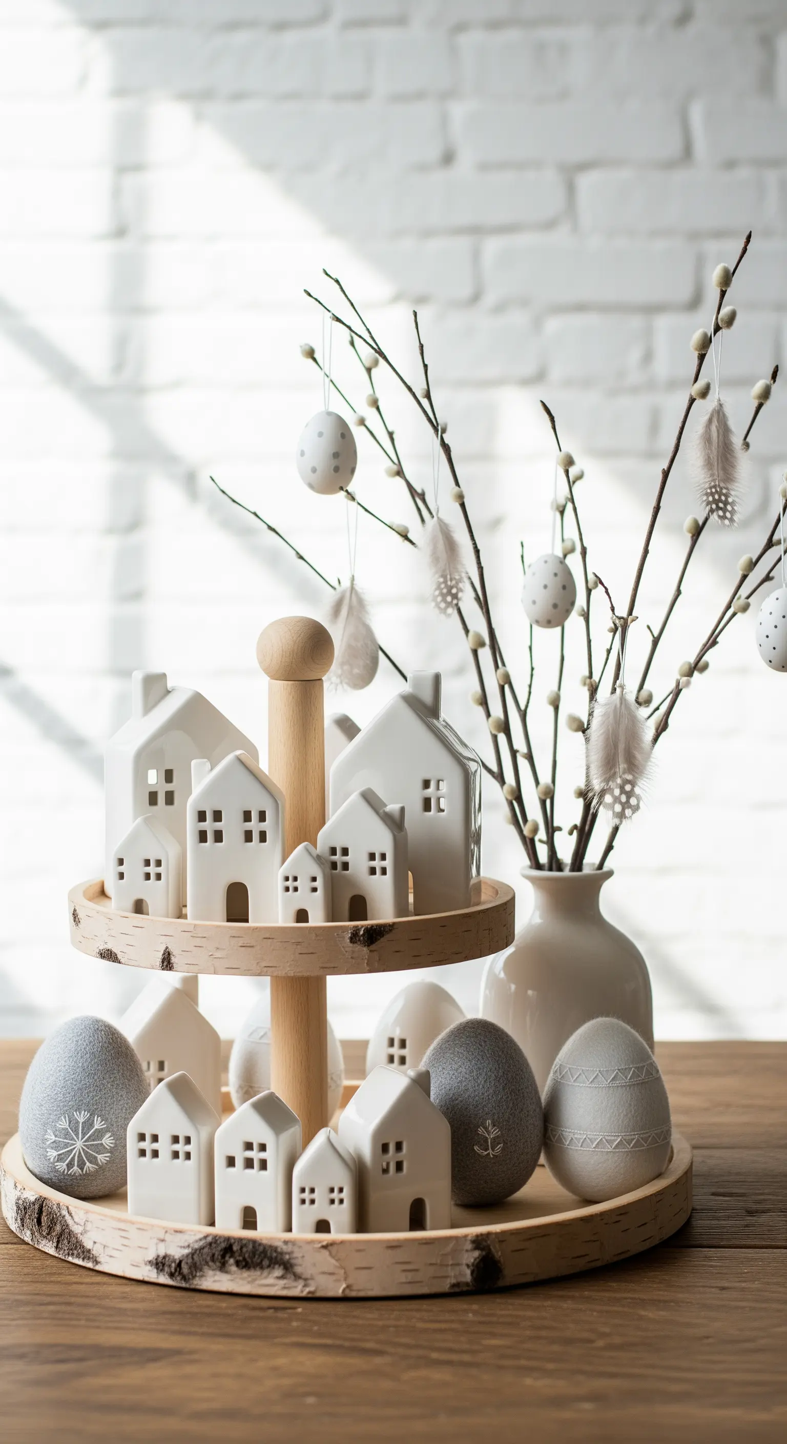 Holz-Etagere mit weißen Lichthäusern und grauen Eiern