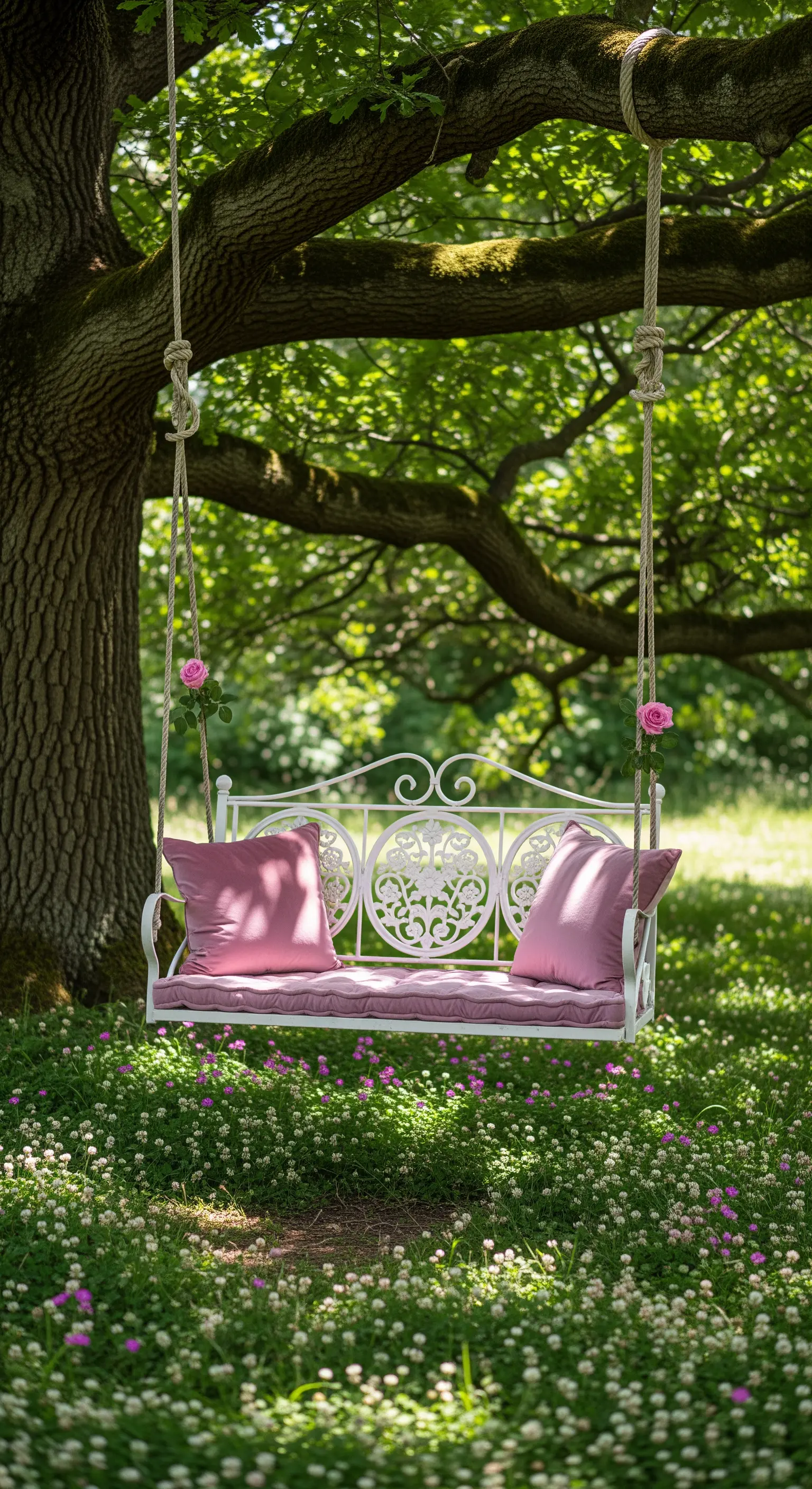 Weiße hängende Metallbank am Baum