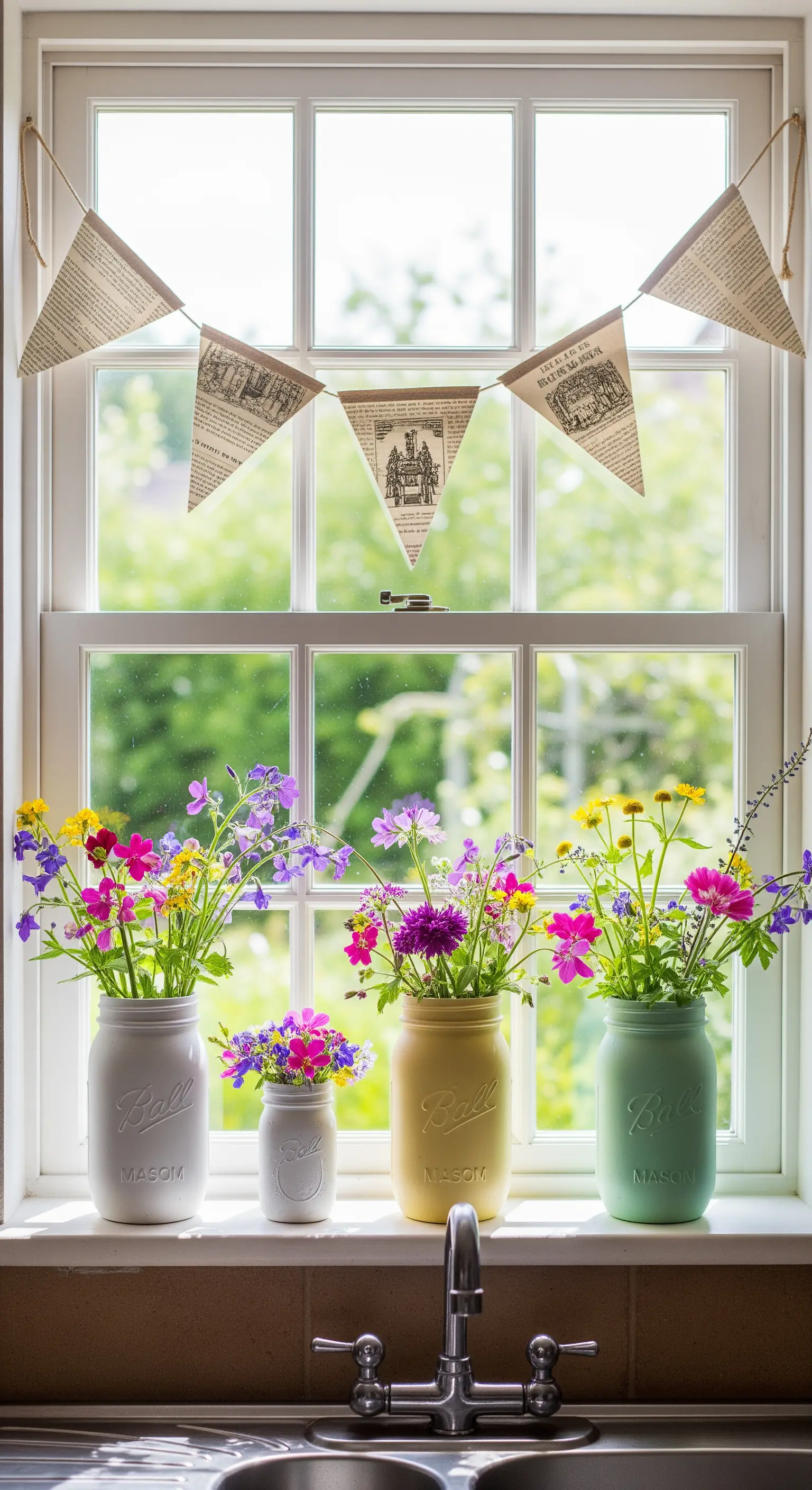 Fensterbank mit bemalten Einmachgläsern voller Wildblumen