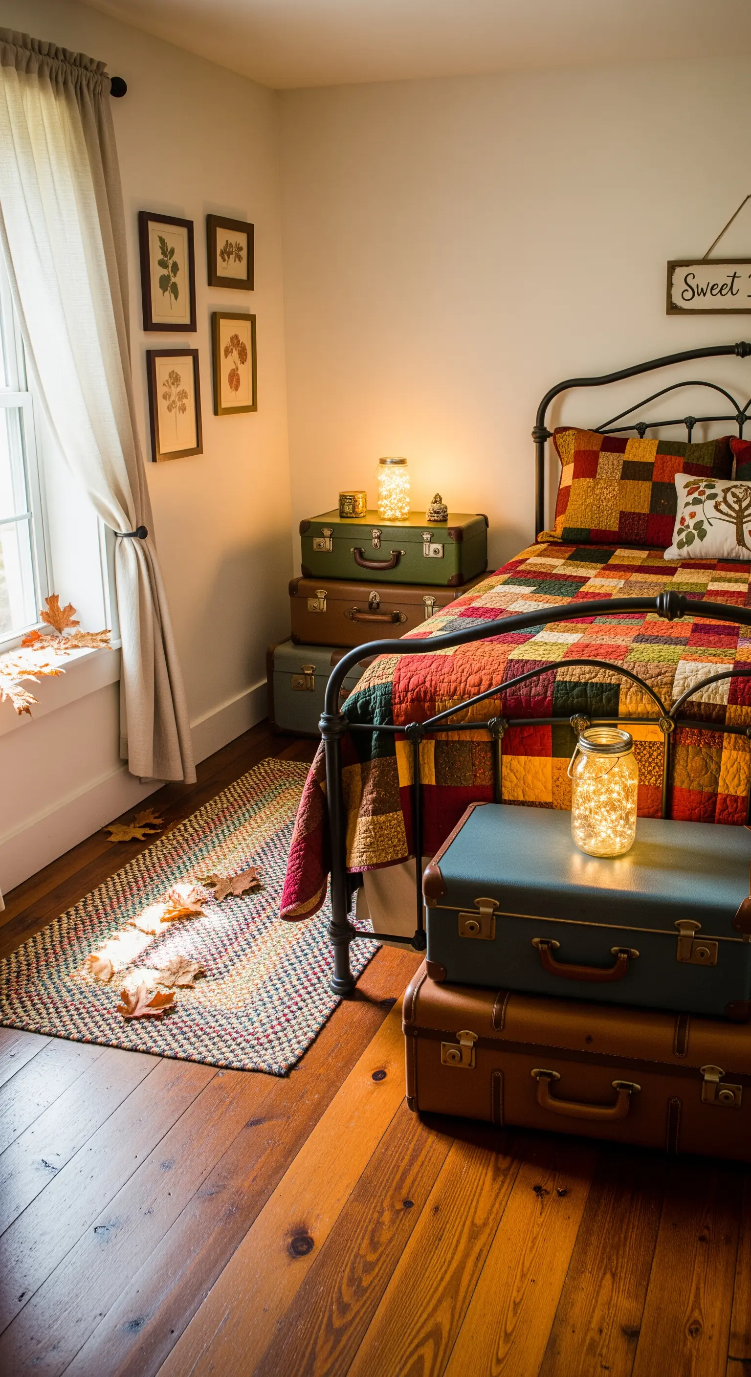 Nachttisch aus gestapelten Koffern mit Lichterkette im Glas