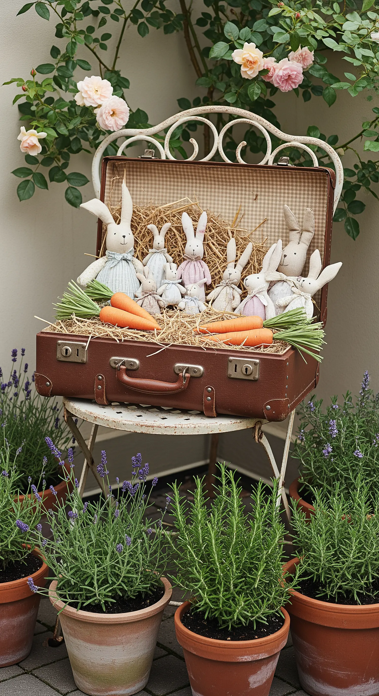 Offener Vintage-Koffer mit Stoffhasen und Stroh