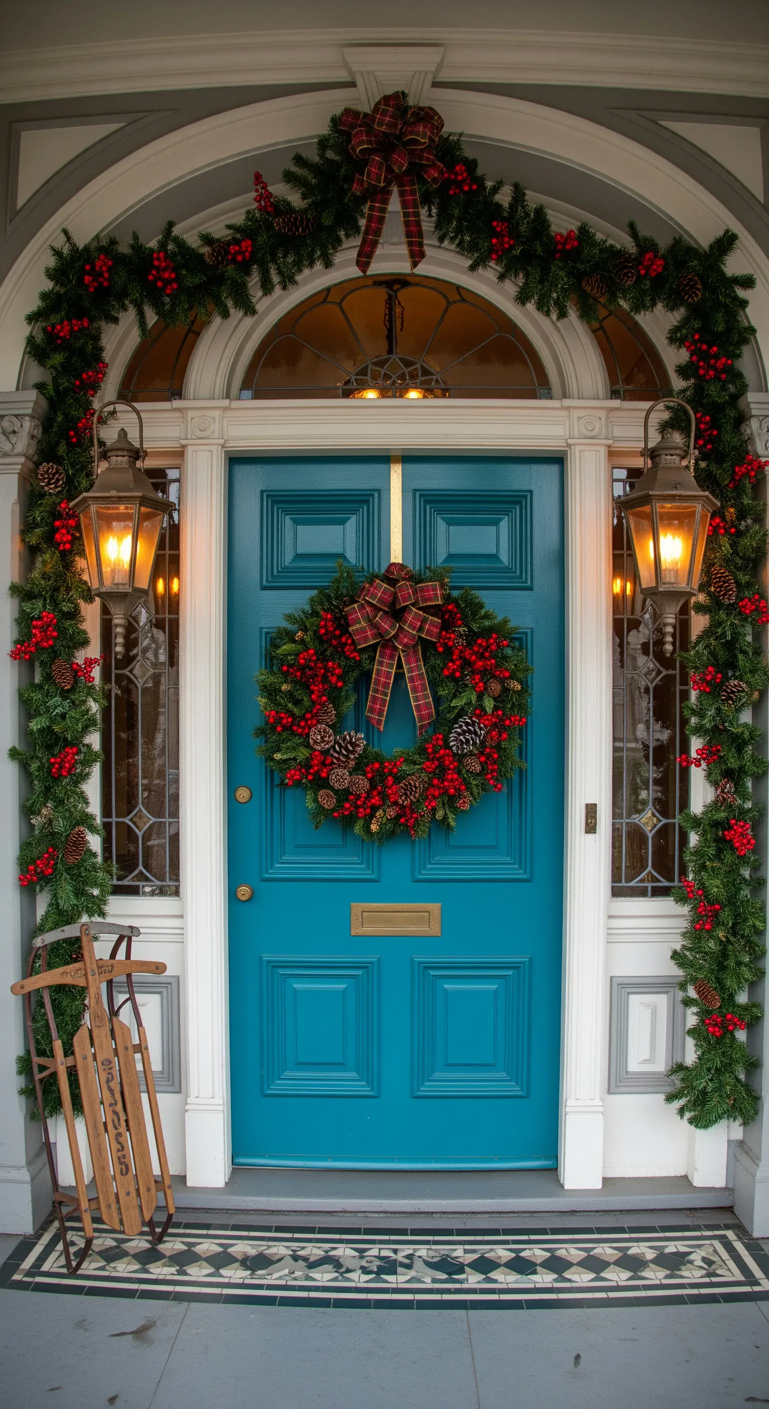 Blaue Tür mit üppiger Girlande und antikem Schlitten