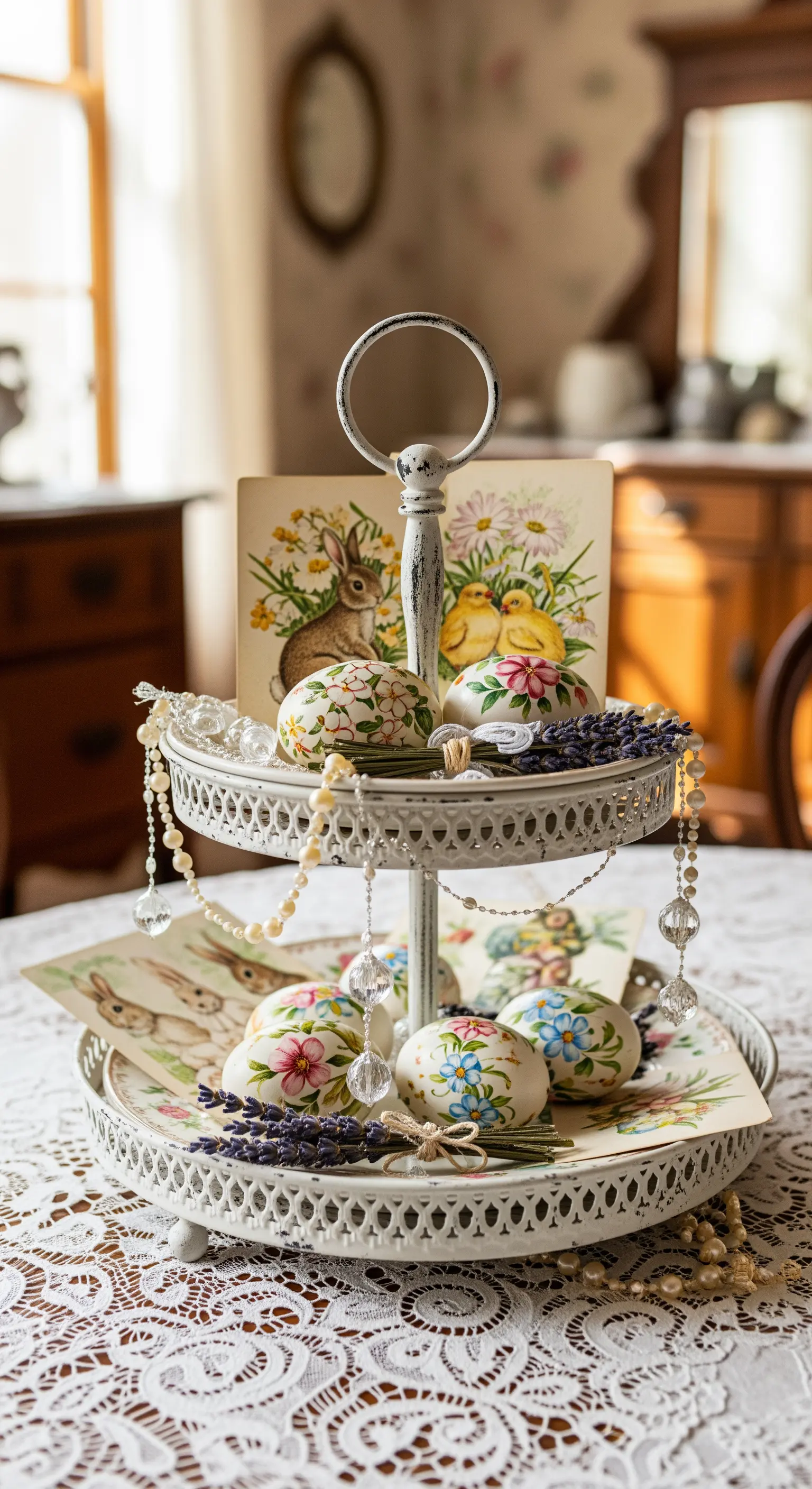 Vintage Etagere mit alten Postkarten und Perlenketten