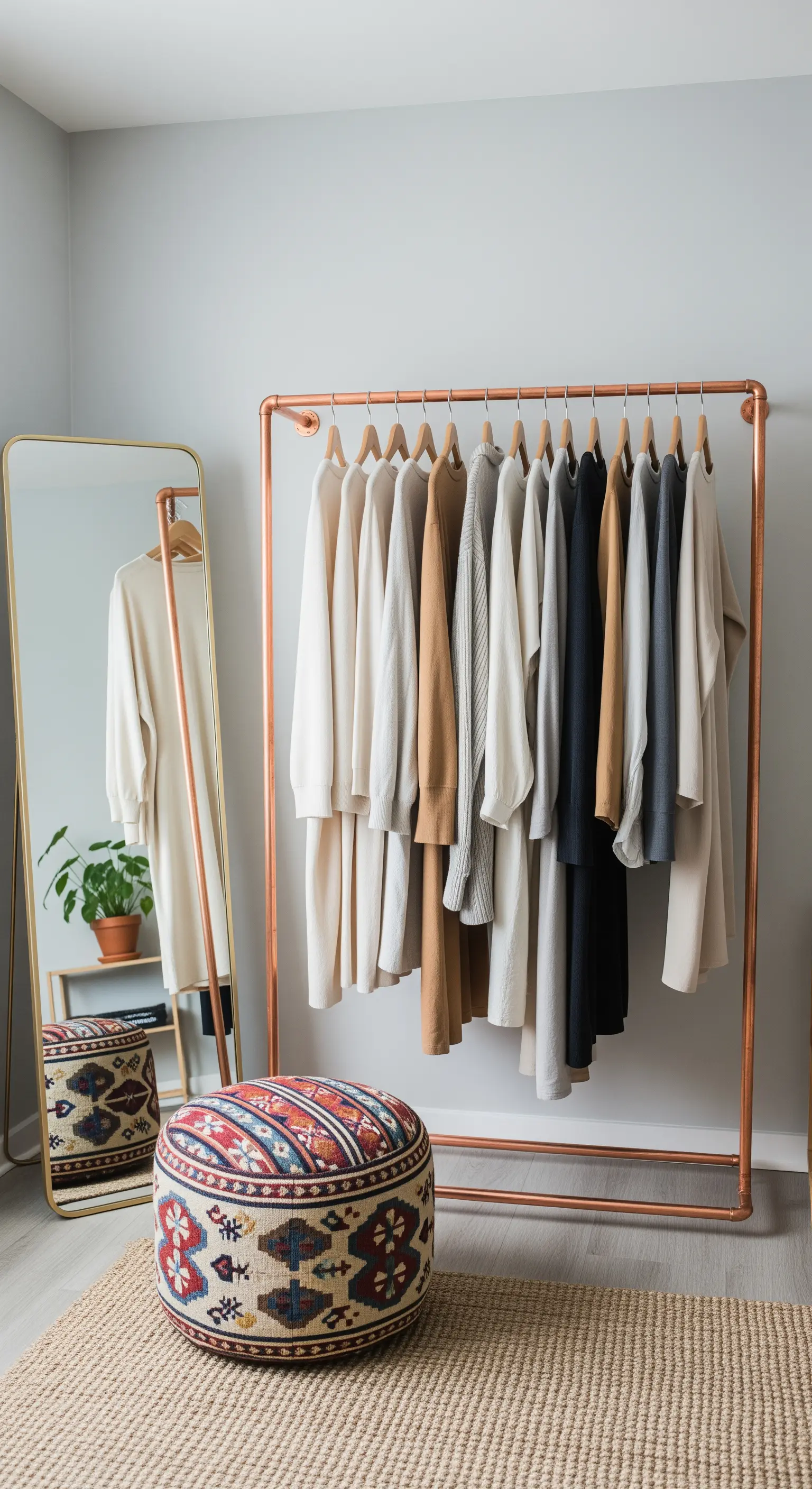 Offene Kupfer-Kleiderstange mit beiger Kleidung und Spiegel