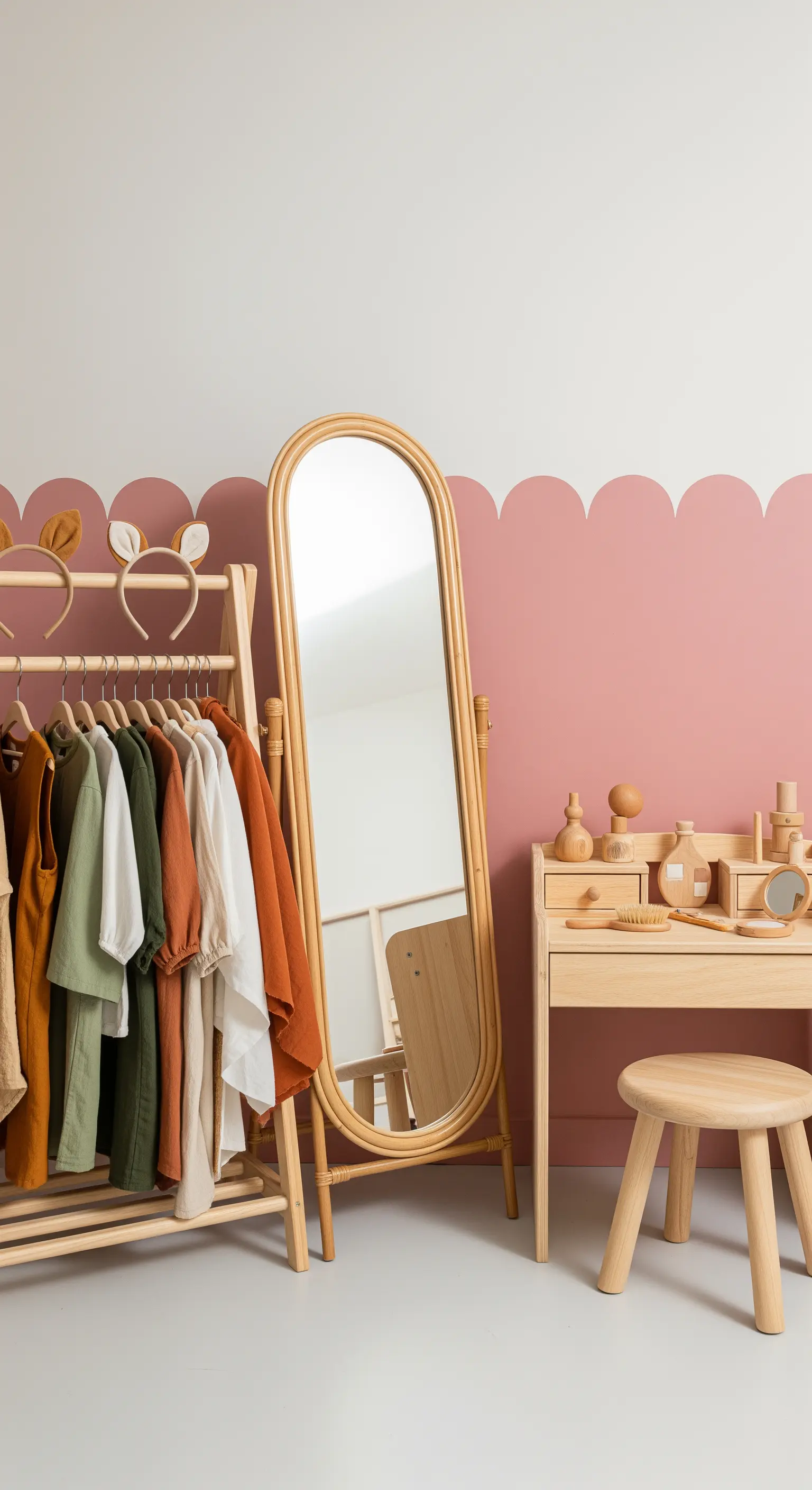 Offene Holzgarderobe und Standspiegel vor rosa Wand