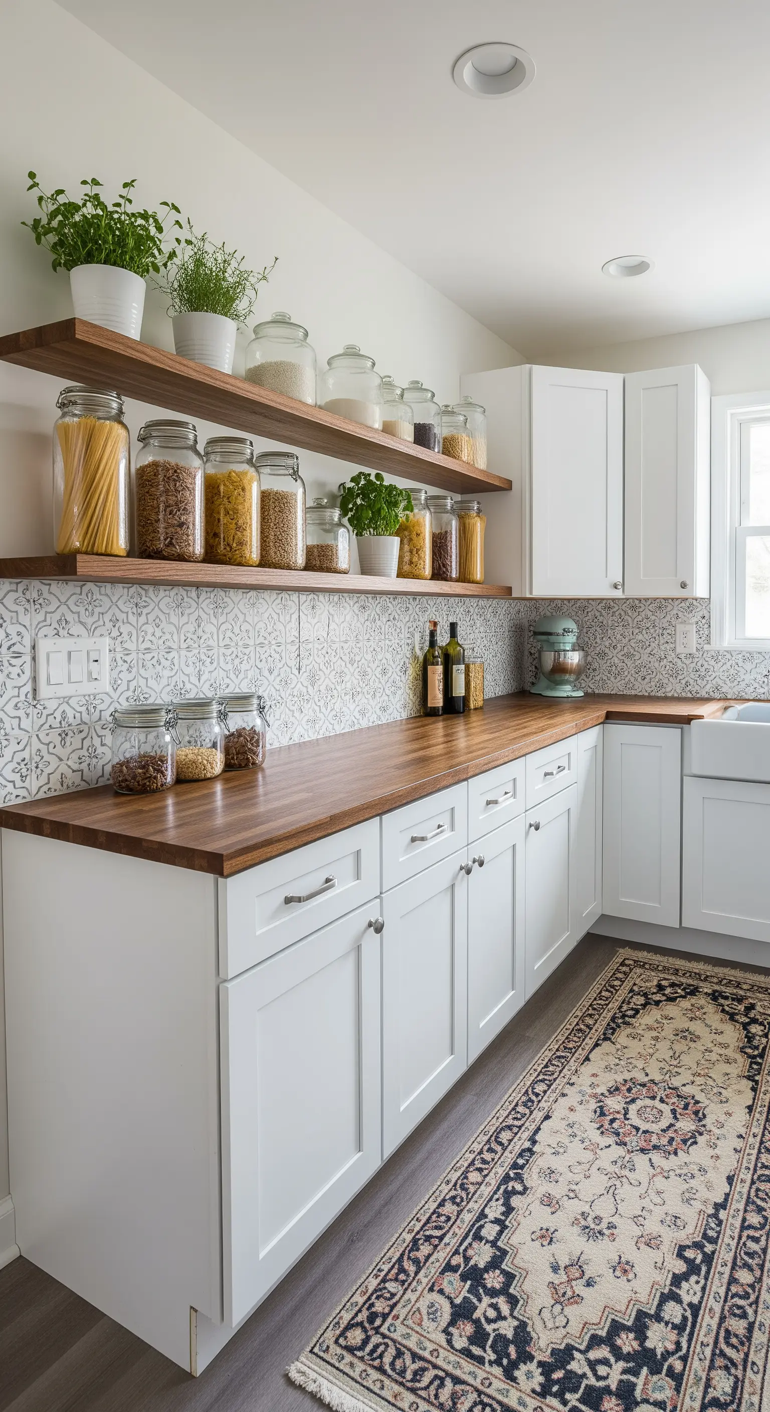 Küche mit offenen Holzregalen und Vorratsgläsern