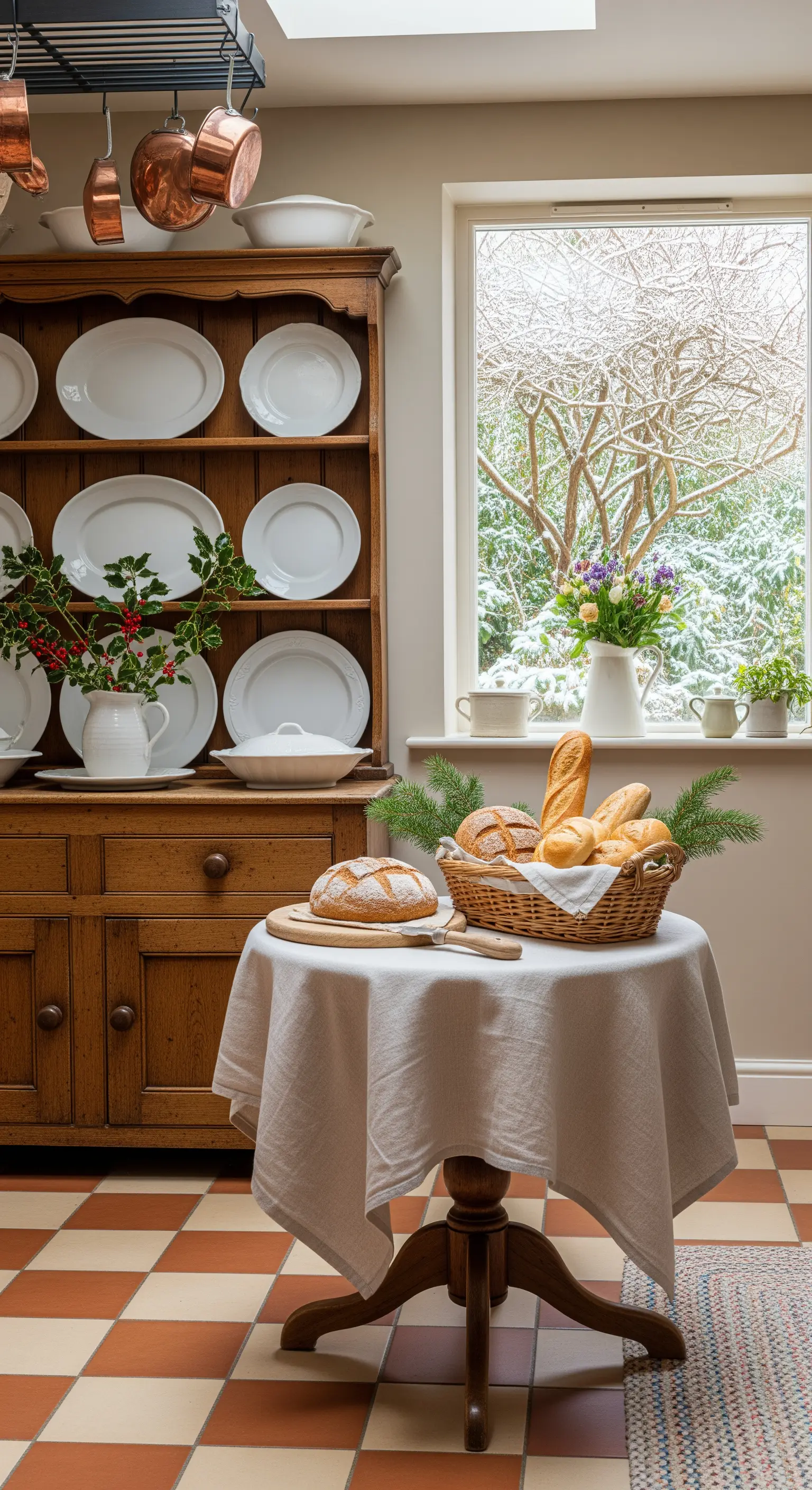 Holzschrank mit weißem Geschirr und Winterzweigen