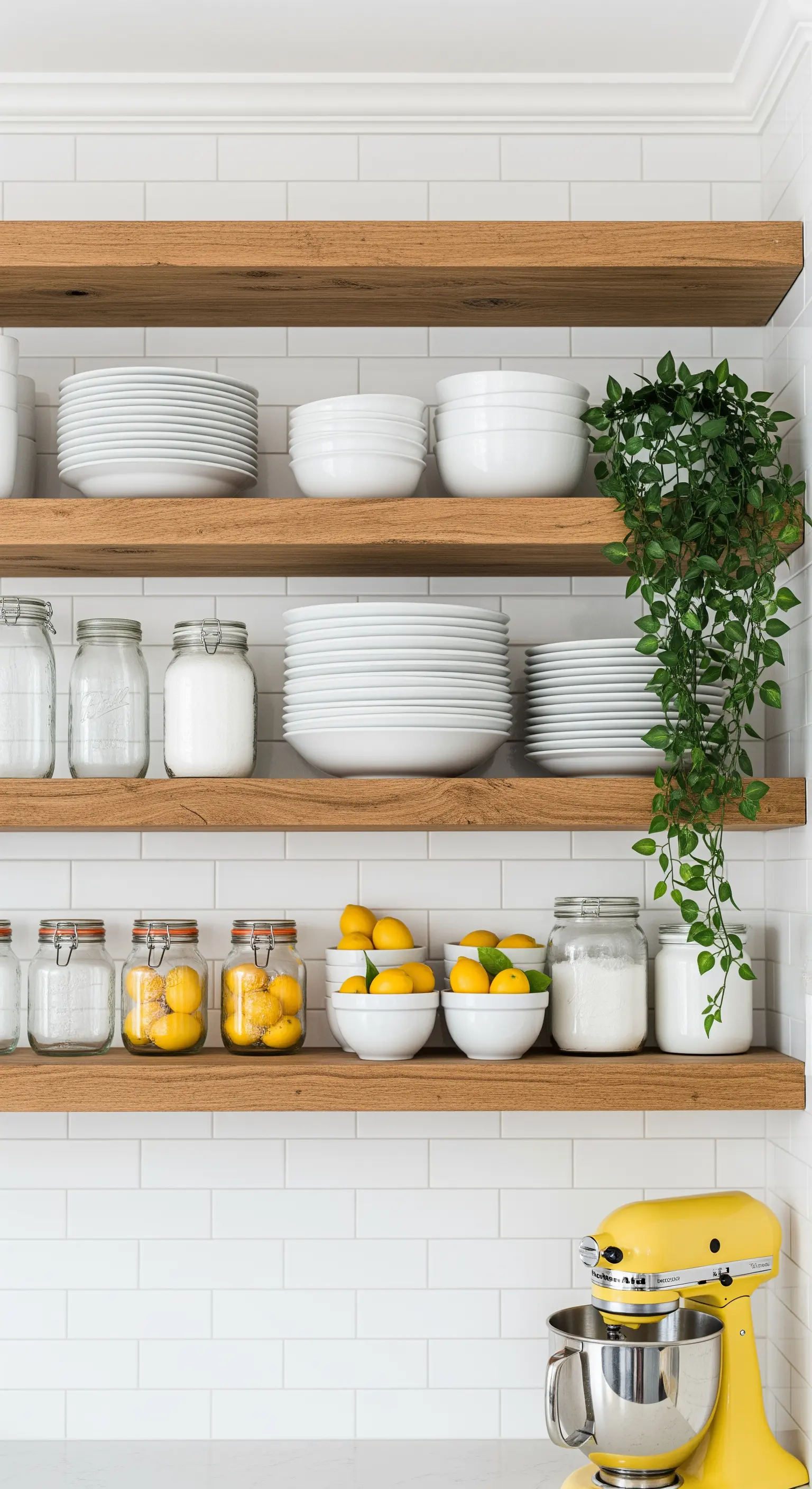 Holzregale mit weißem Geschirr, Hängepflanze und Zitronengläsern