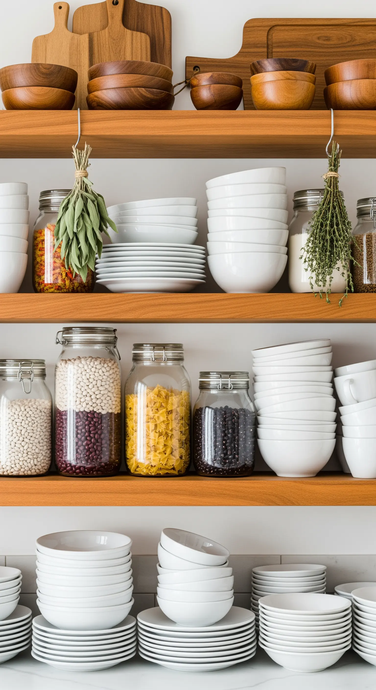 Offenes Küchenregal mit weißem Geschirr und hängenden Kräutern