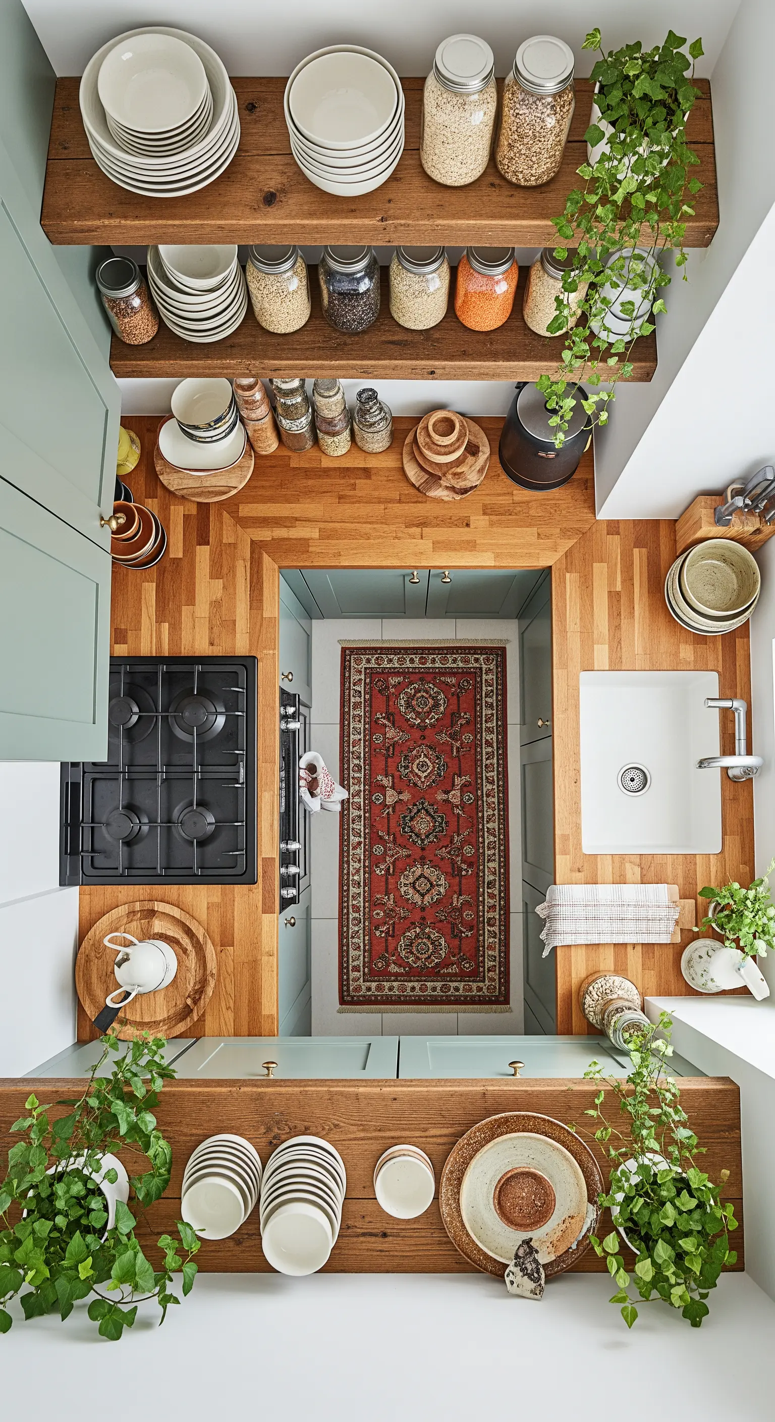 Draufsicht auf kleine Küche mit offenen Holzregalen und Teppich