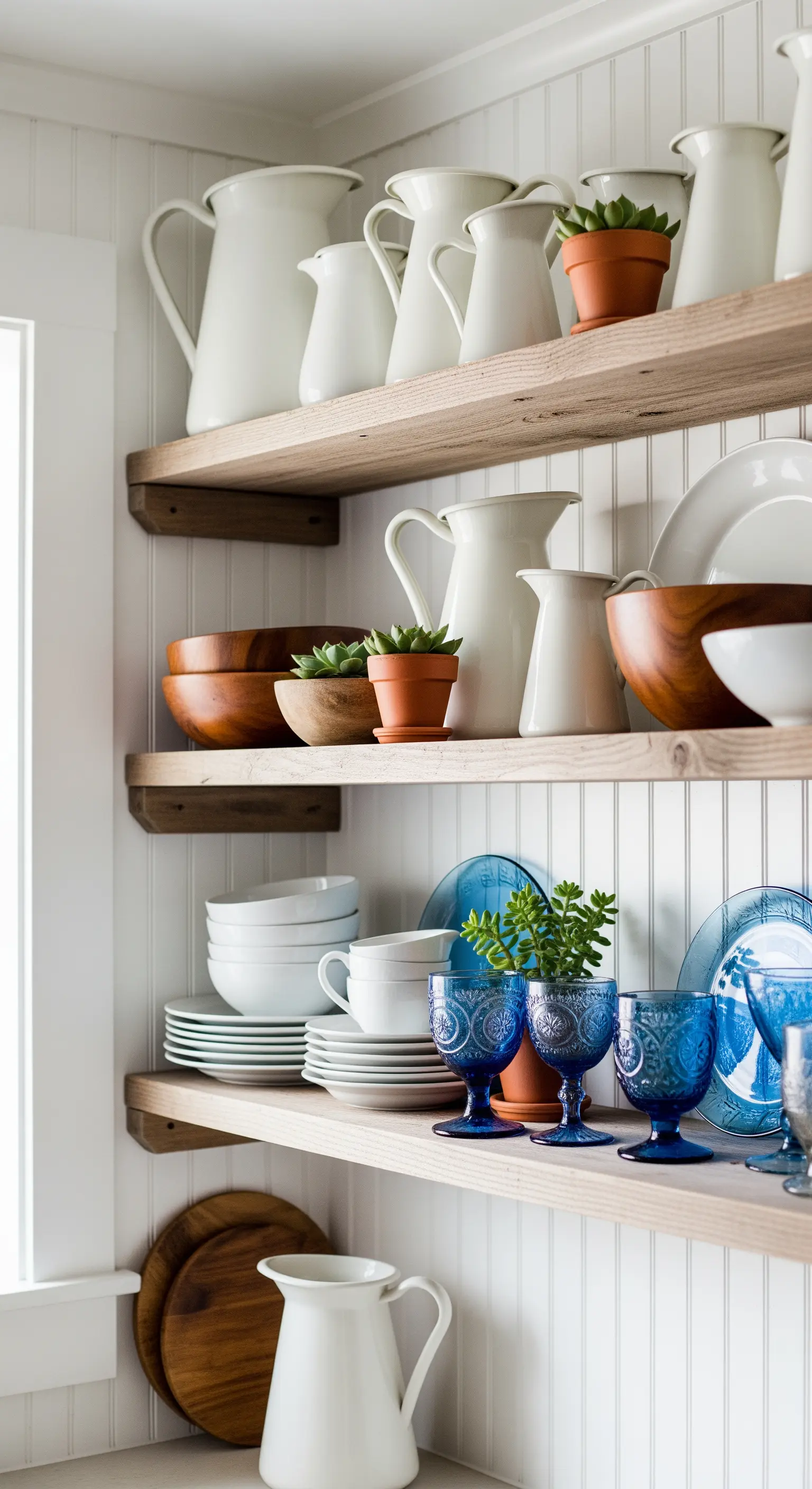 Holzregale mit weißem Geschirr und blauen Gläsern