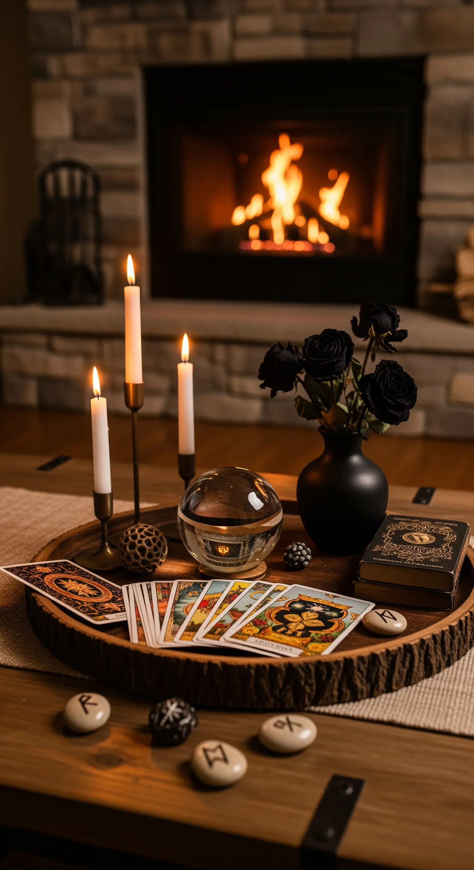 Couchtisch mit Tarotkarten und Kristallkugel