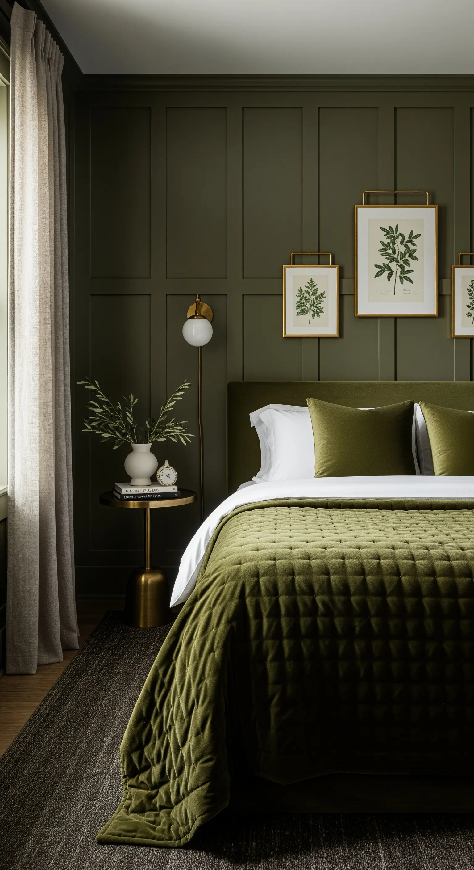 Olivgrünes Schlafzimmer mit botanischen Bildern und Samtdecke