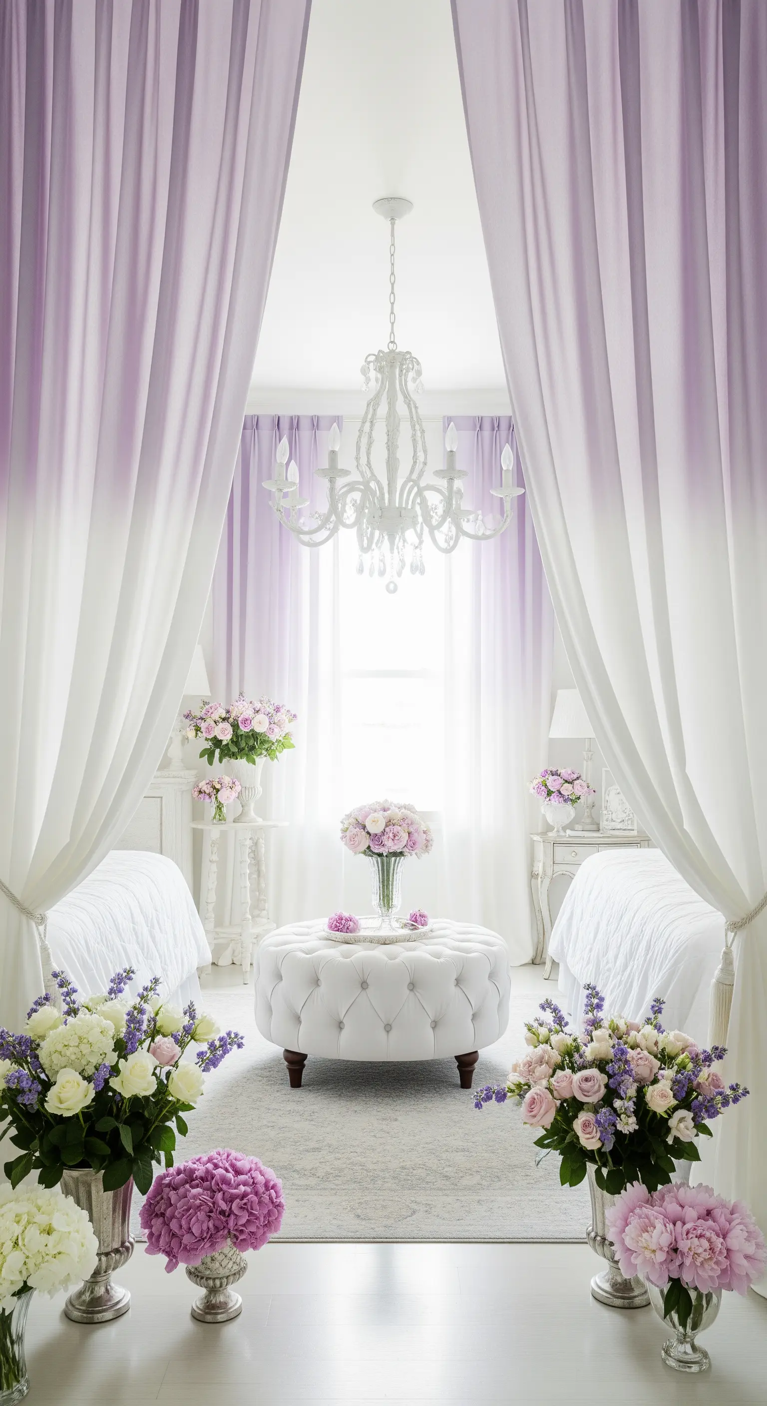 Lila-weiße Ombré-Vorhänge in hellem Schlafzimmer