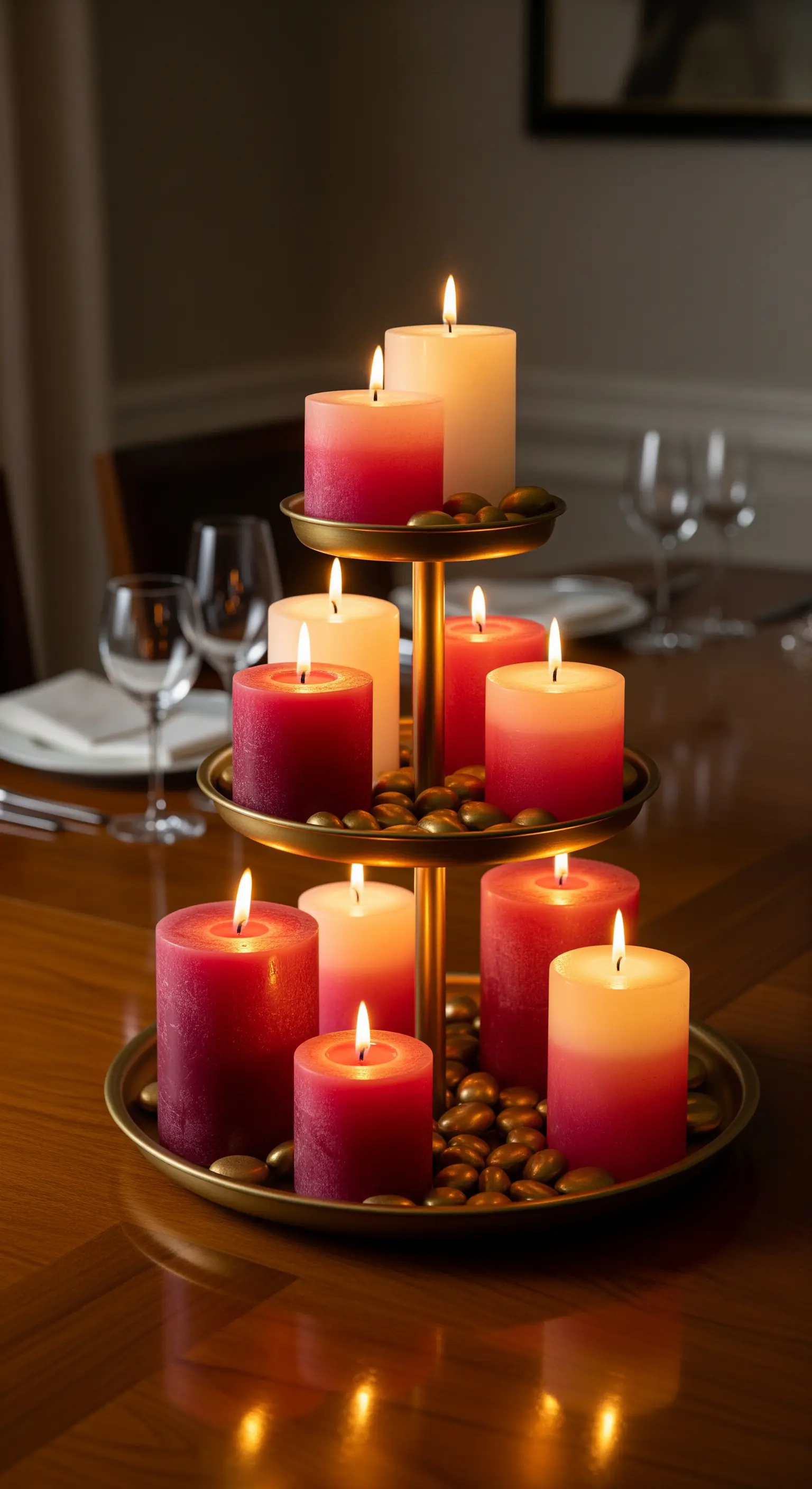 Etagere voll mit roten und rosa Stumpenkerzen