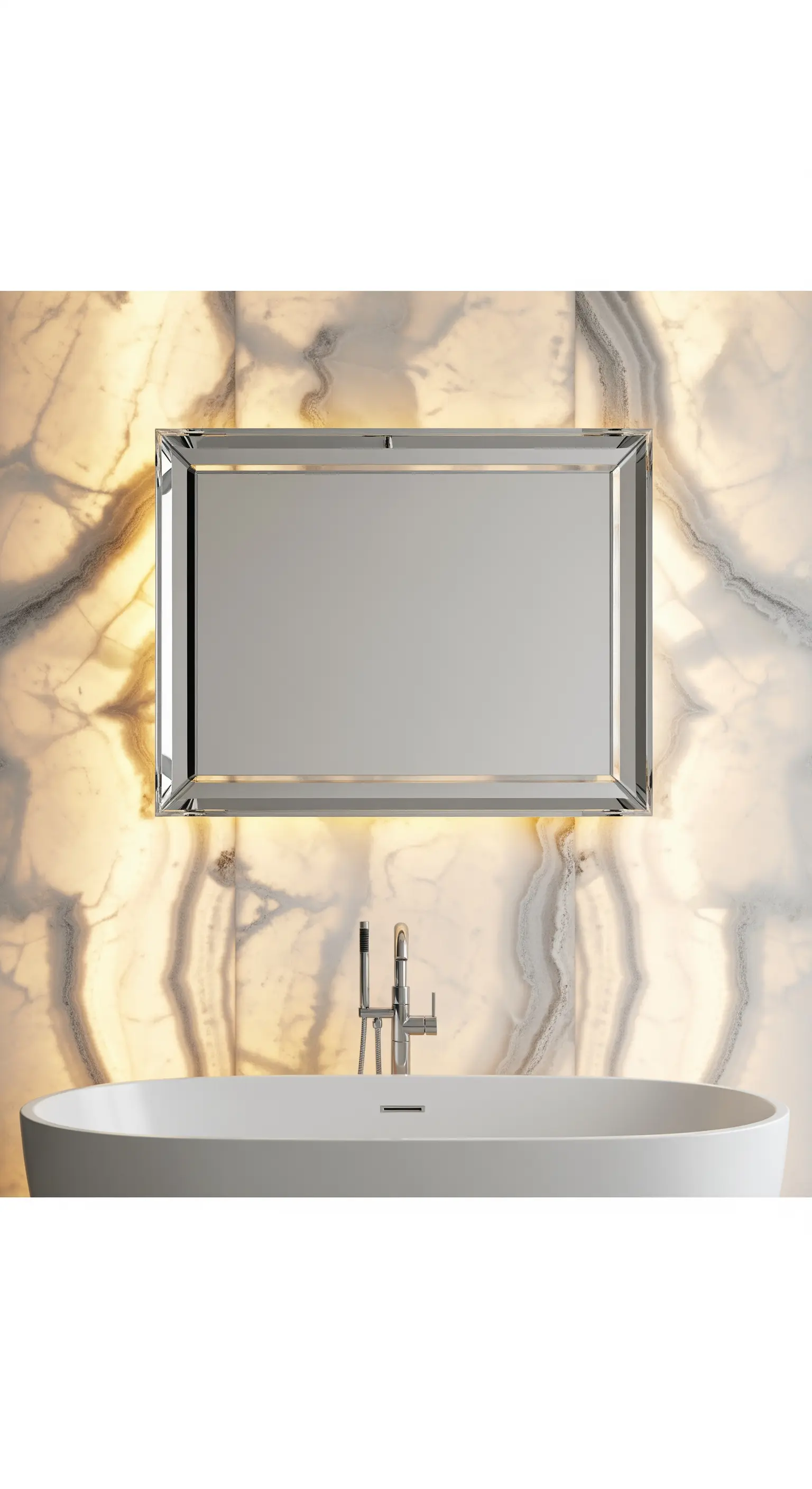 Hinterleuchtete Onyx-Steinwand hinter schlichtem Rechteckspiegel