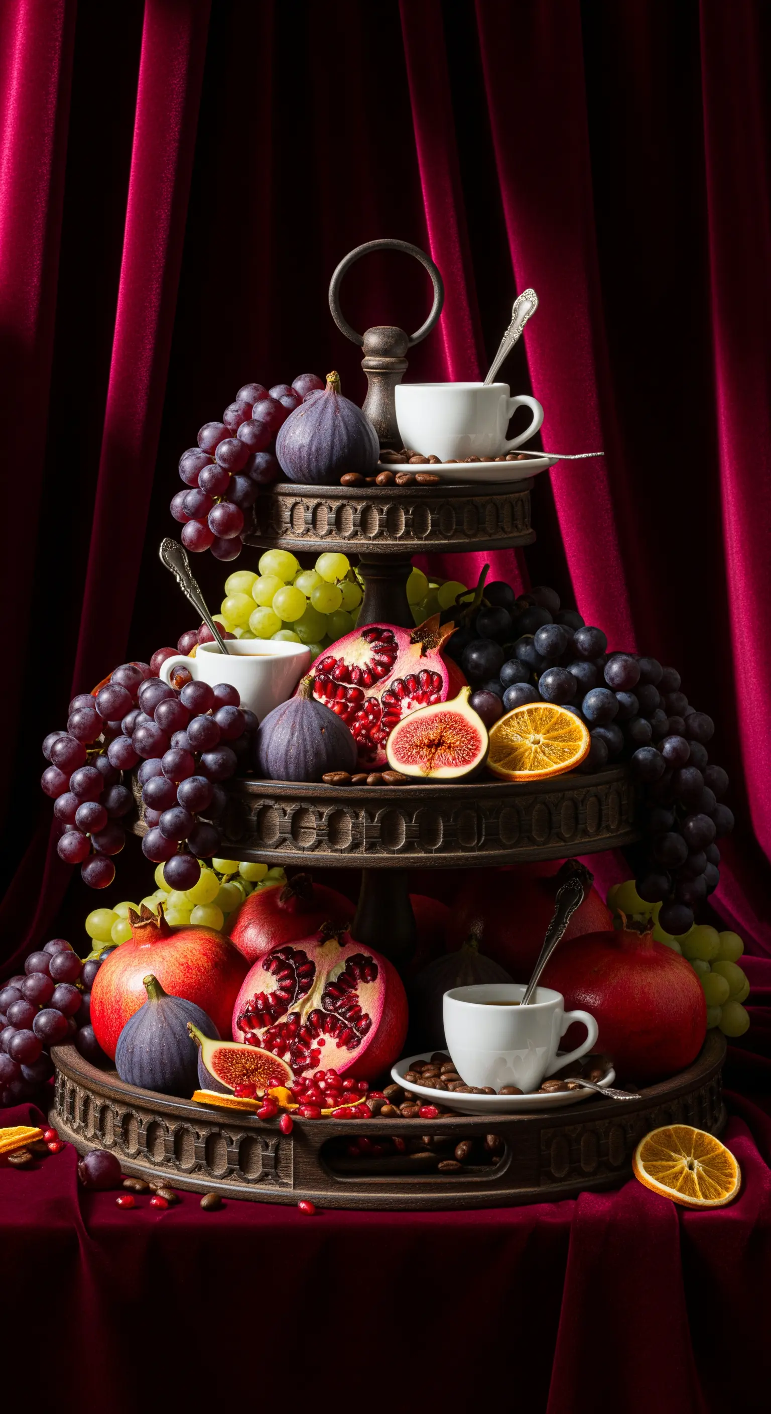 Dunkle Holzetagere üppig gefüllt mit Granatäpfeln, Feigen, Trauben und Espresso