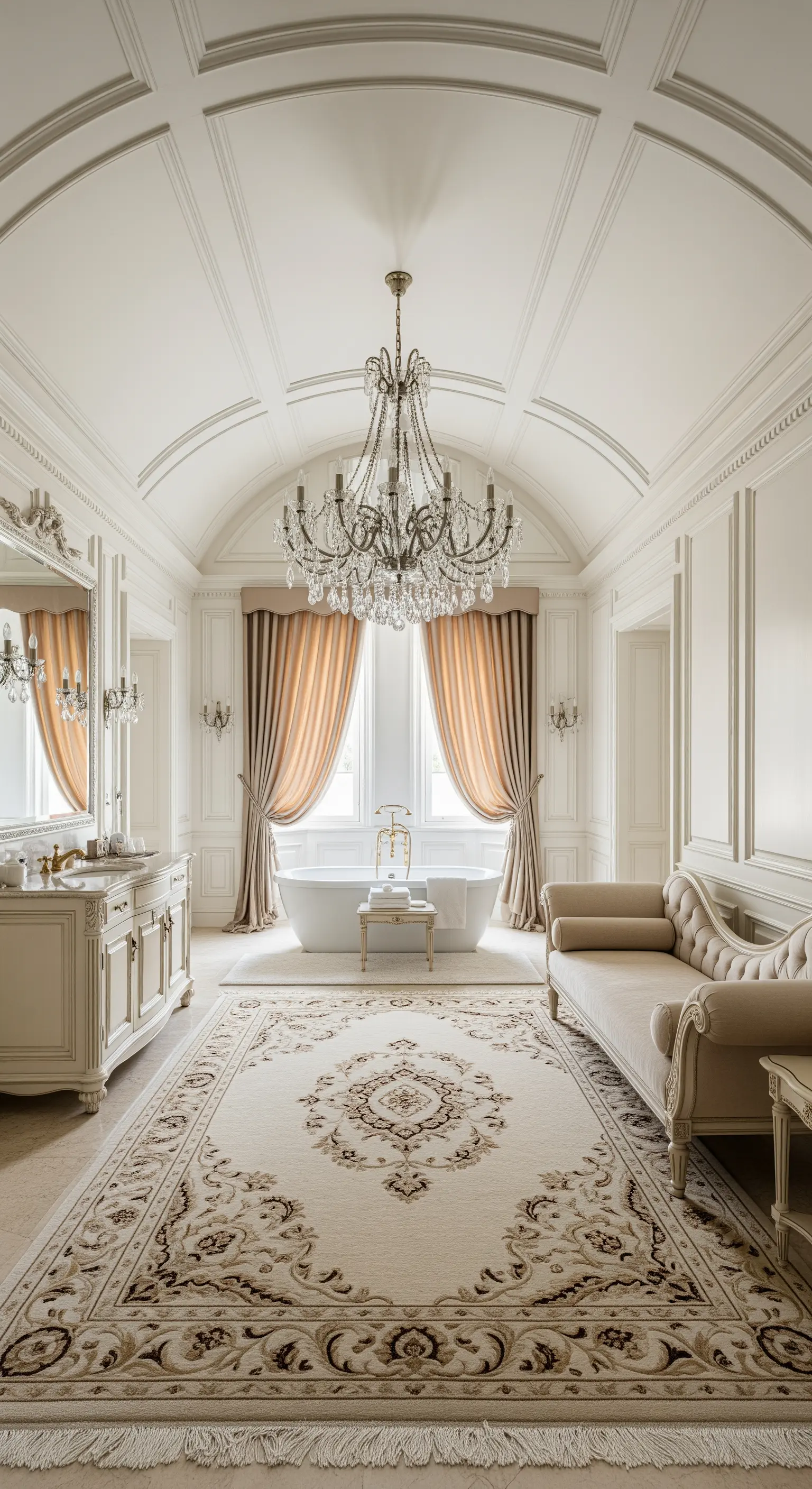 Prunkvolles Bad mit Gewölbedecke, Teppich und Kronleuchter