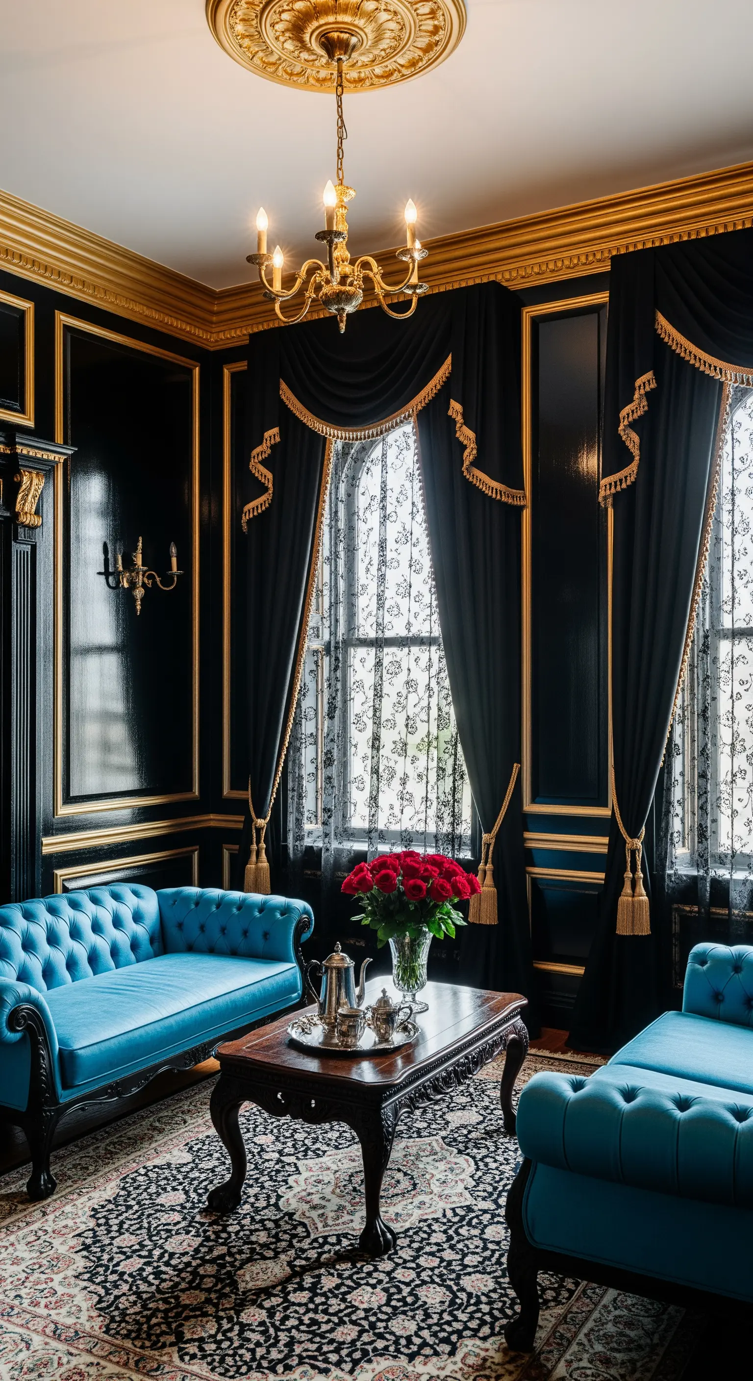 Schwarzes Wohnzimmer mit Goldleisten und türkisfarbenen Sofas