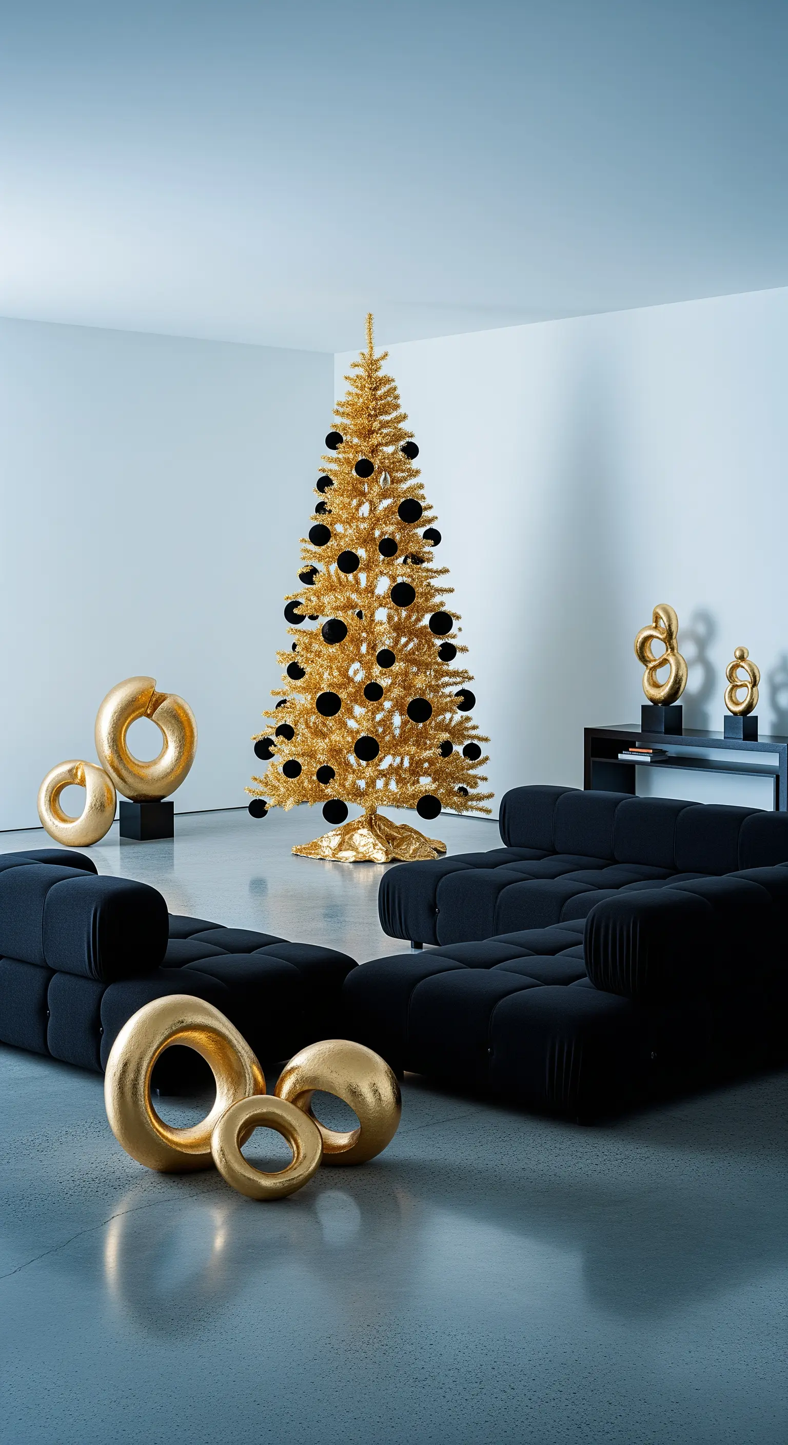 Komplett goldener künstlicher Weihnachtsbaum mit schwarzen Kugeln