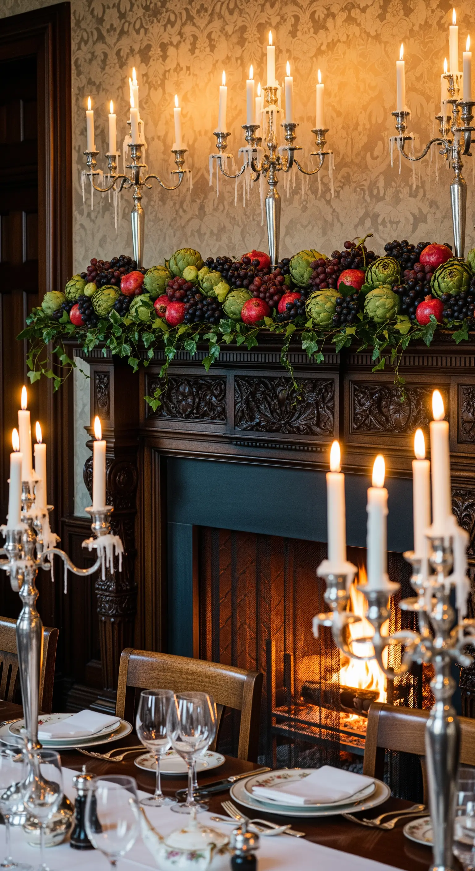 Dunkler Kamin mit üppiger Deko aus Trauben, Granatäpfeln und Kandelabern