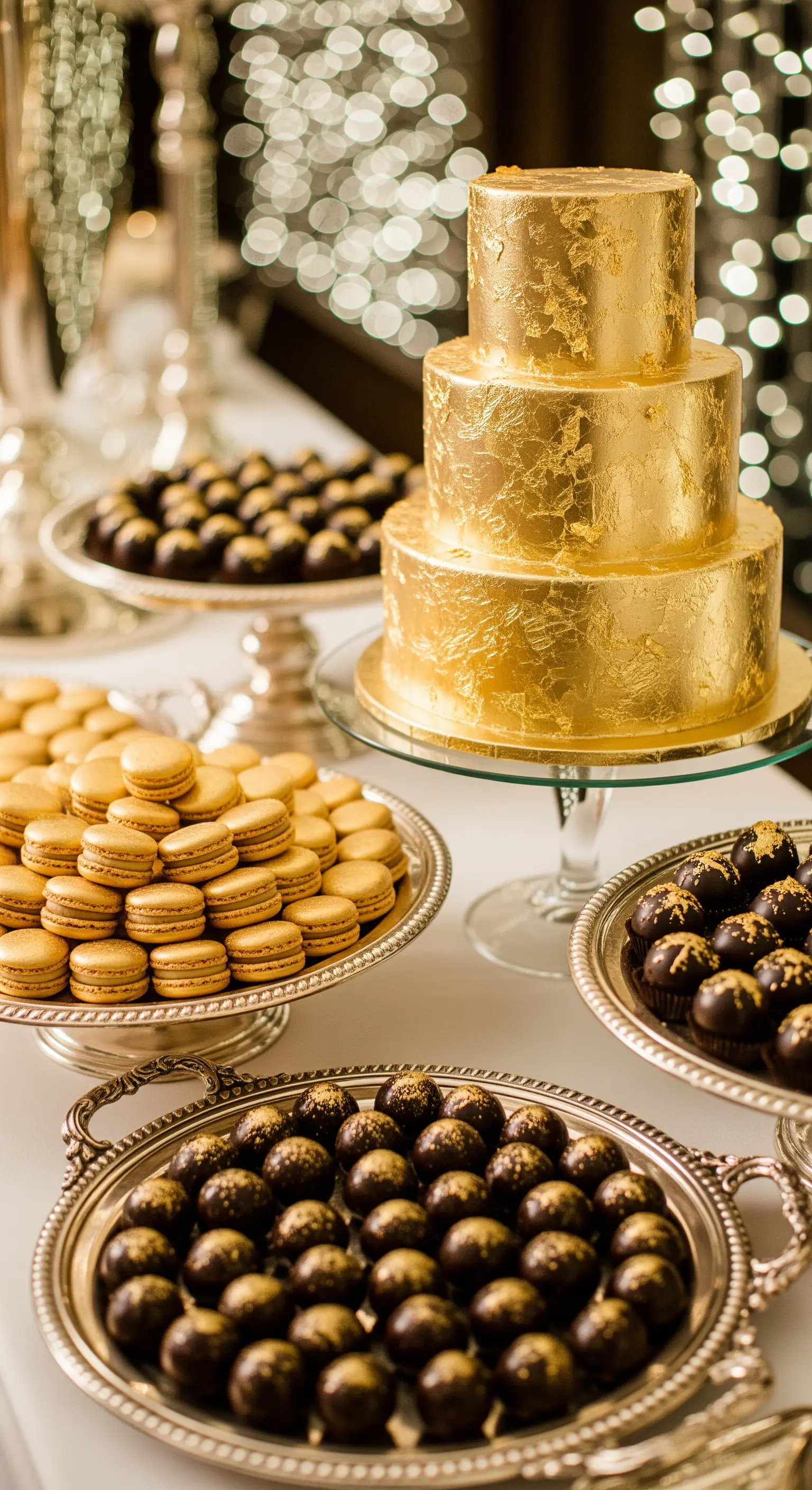 Goldene dreistöckige Torte und passende Desserts