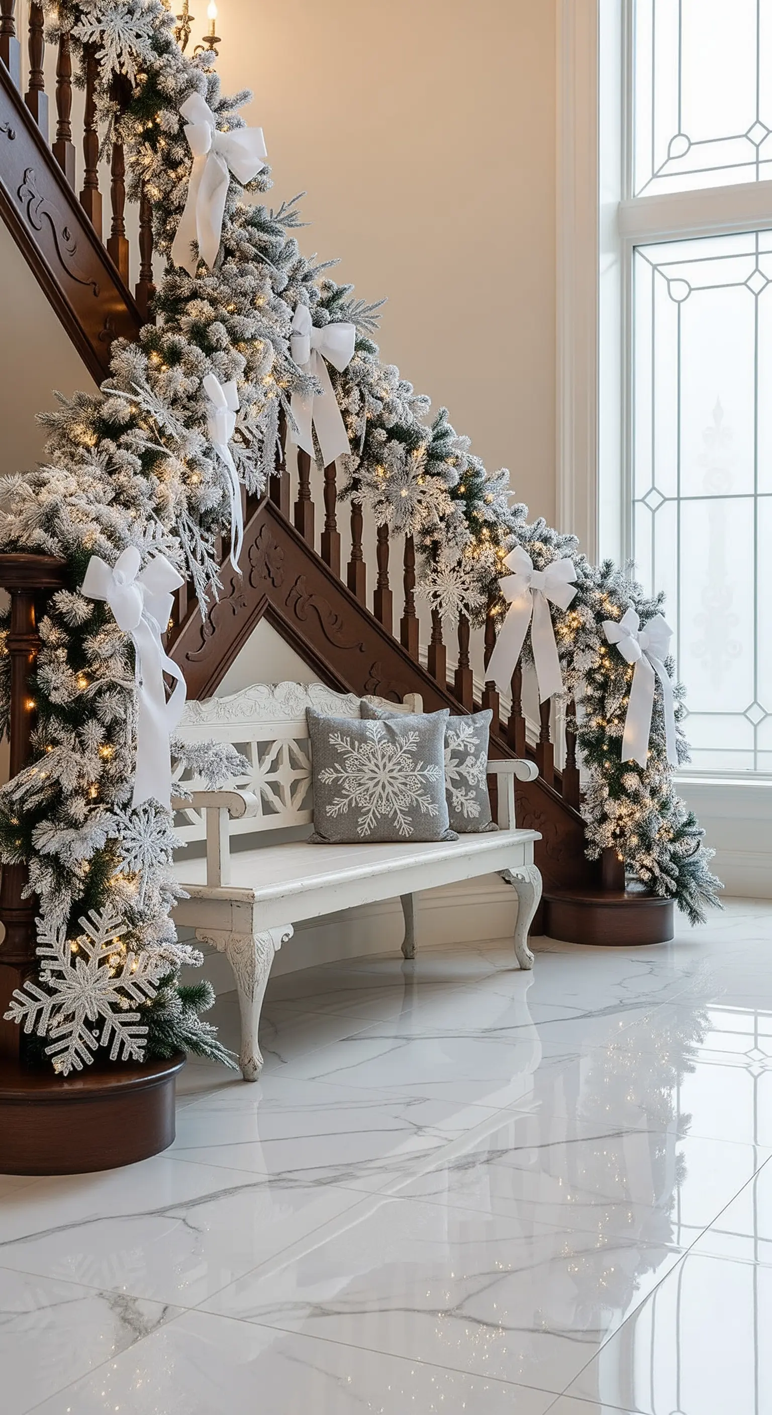 Treppengeländer mit beschneiter Girlande und Schleifen