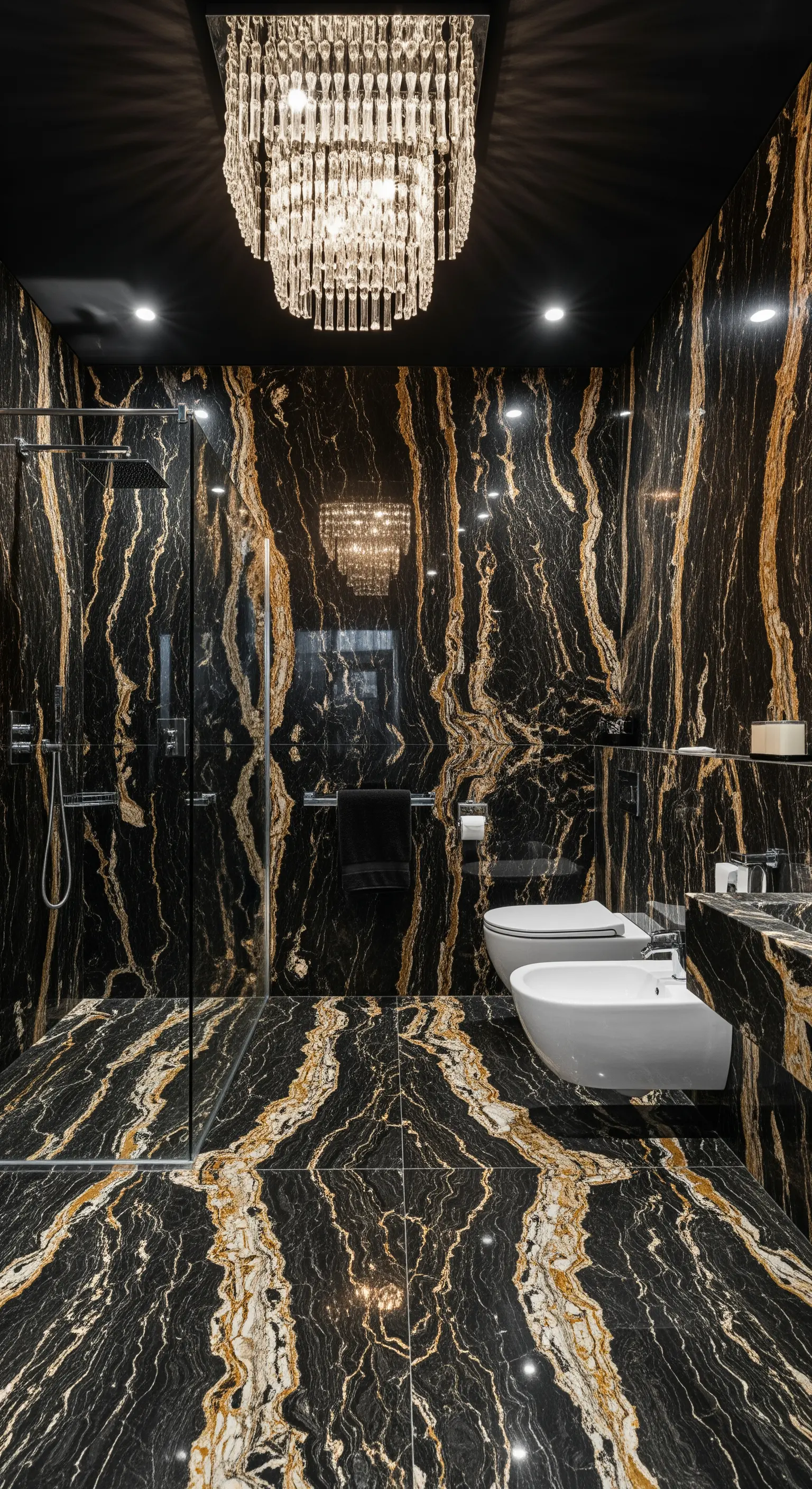 Kristallkronleuchter vor schwarz-goldenem Marmor