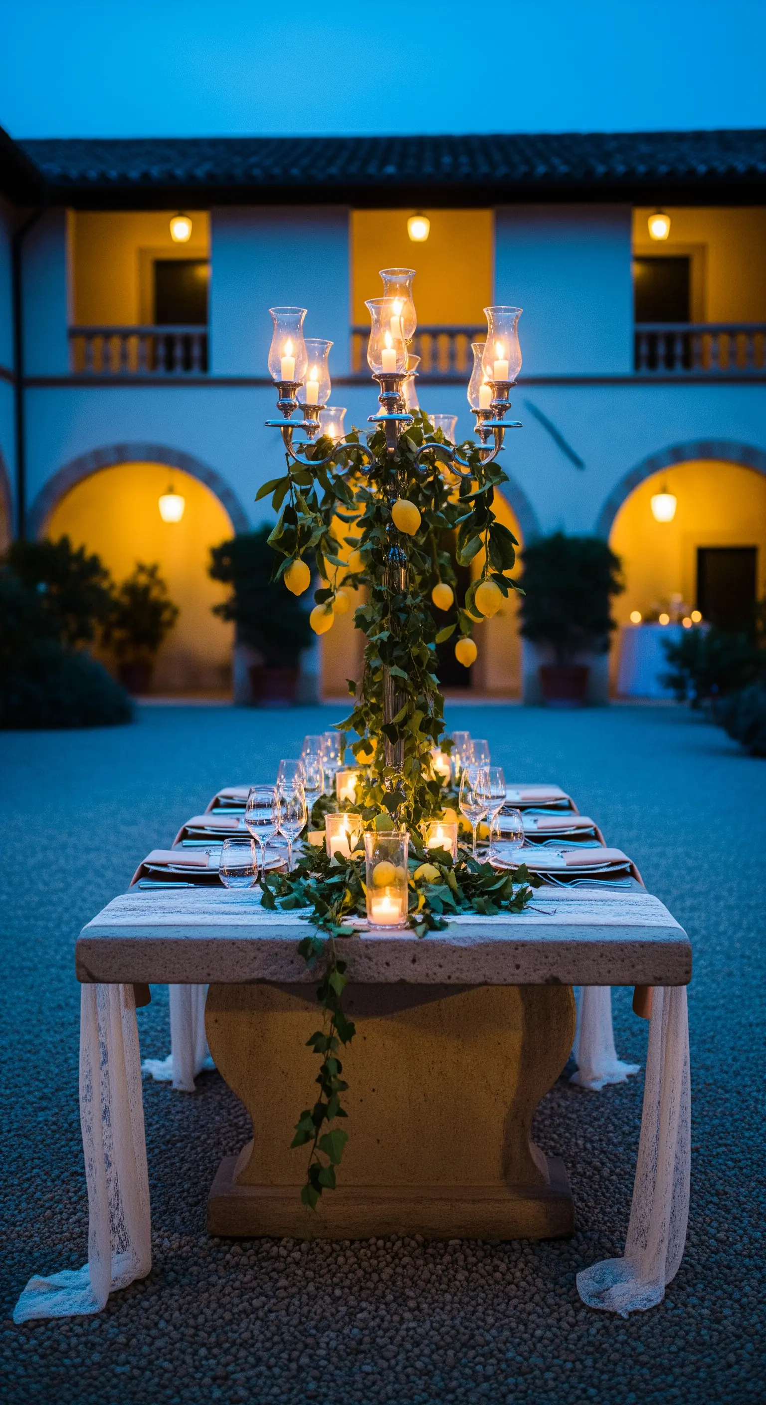 Steintisch im Hof mit riesigem bewachsenem Kandelaber