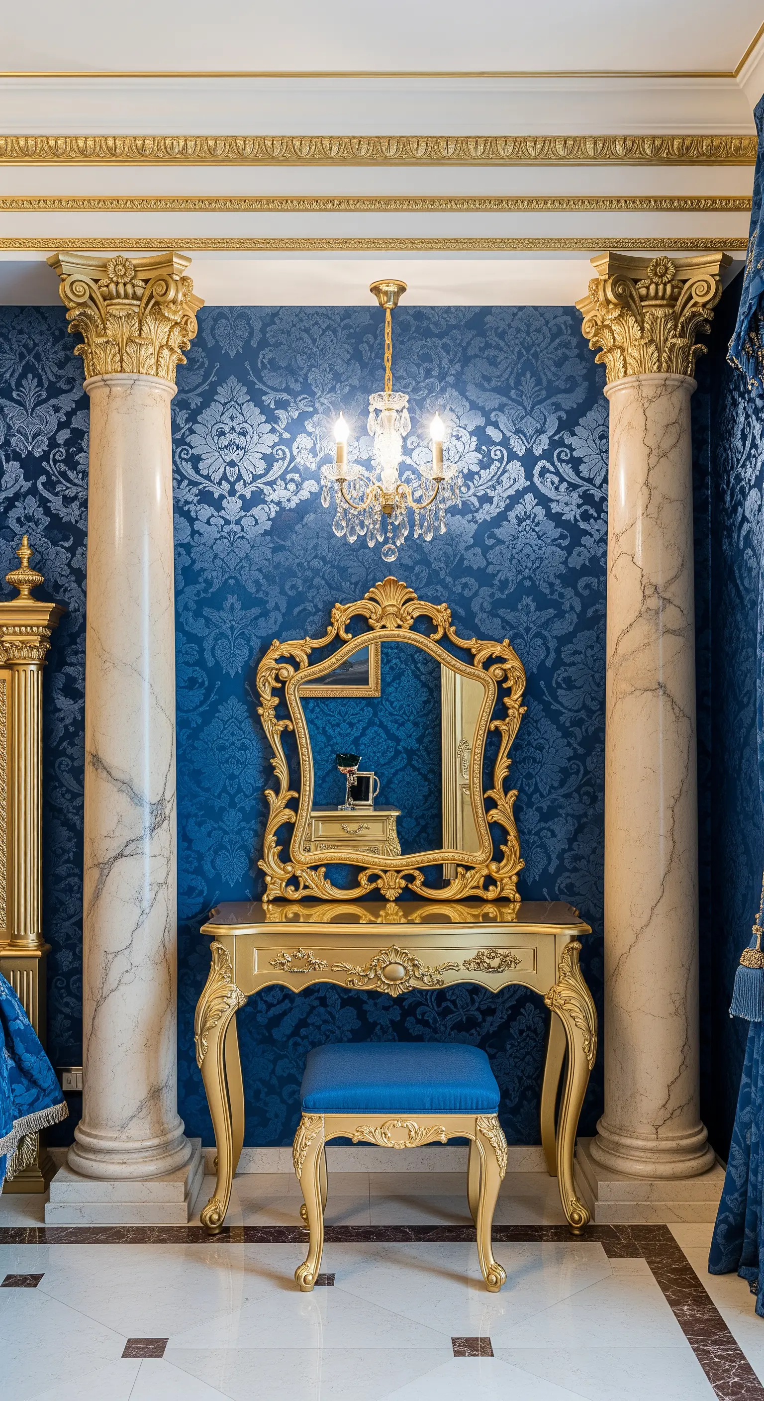 Goldener Barock-Spiegel vor blauer Mustertapete