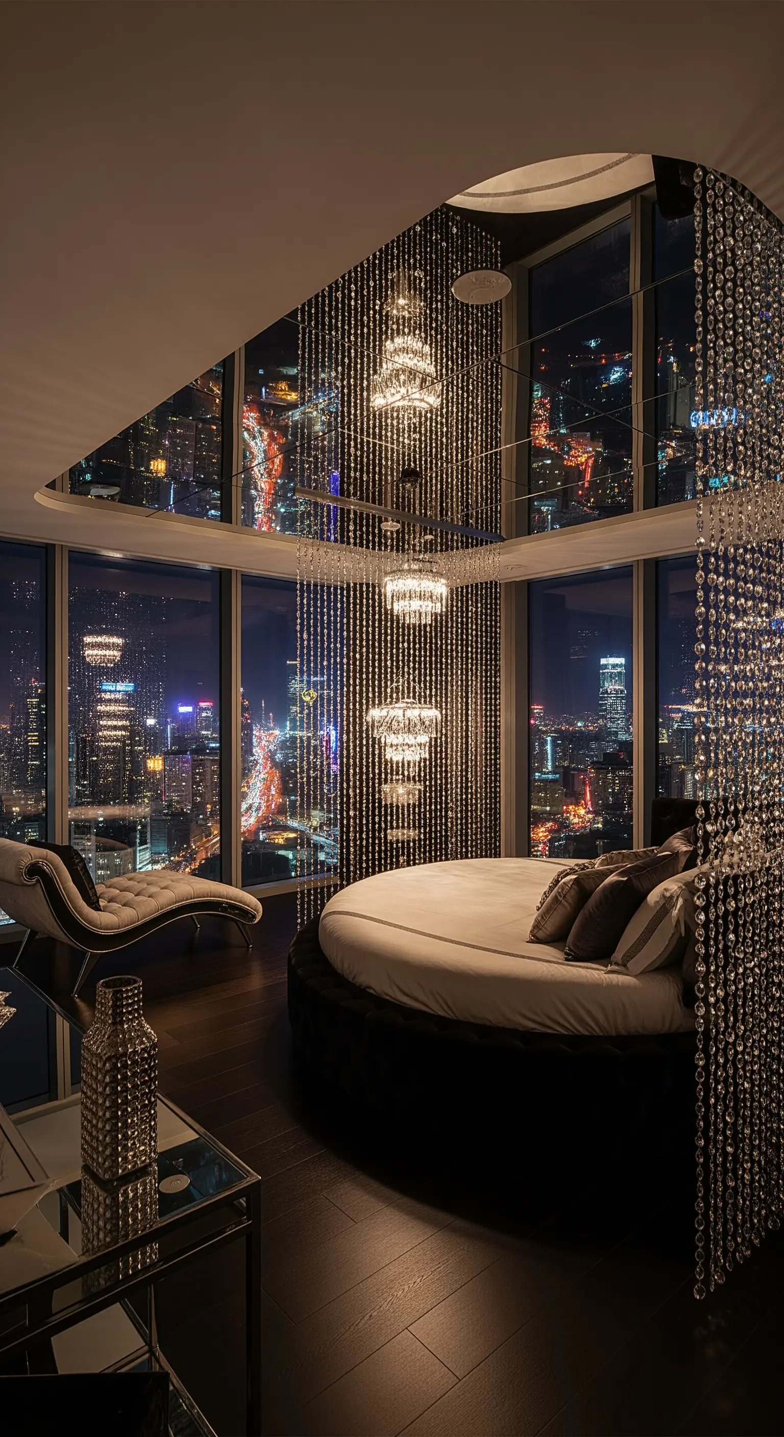 Rundes Bett umgeben von Kristallvorhängen vor nächtlicher Stadtkulisse