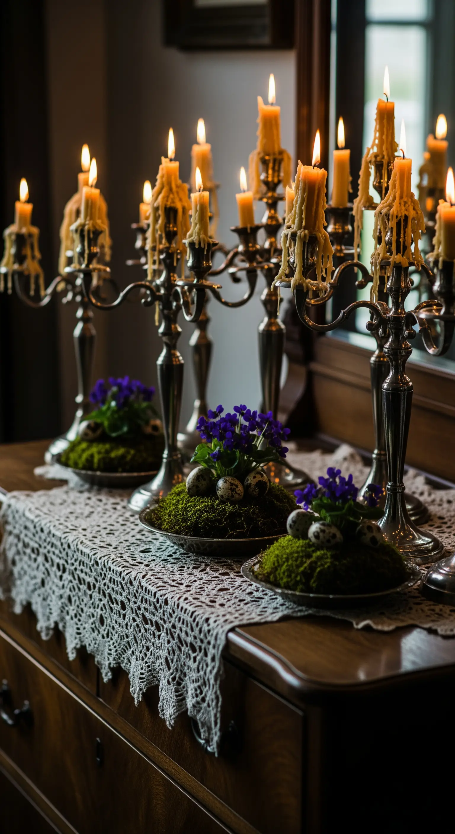 Antiker Silberkerzenleuchter mit herabgetropftem Wachs und Moosbasis