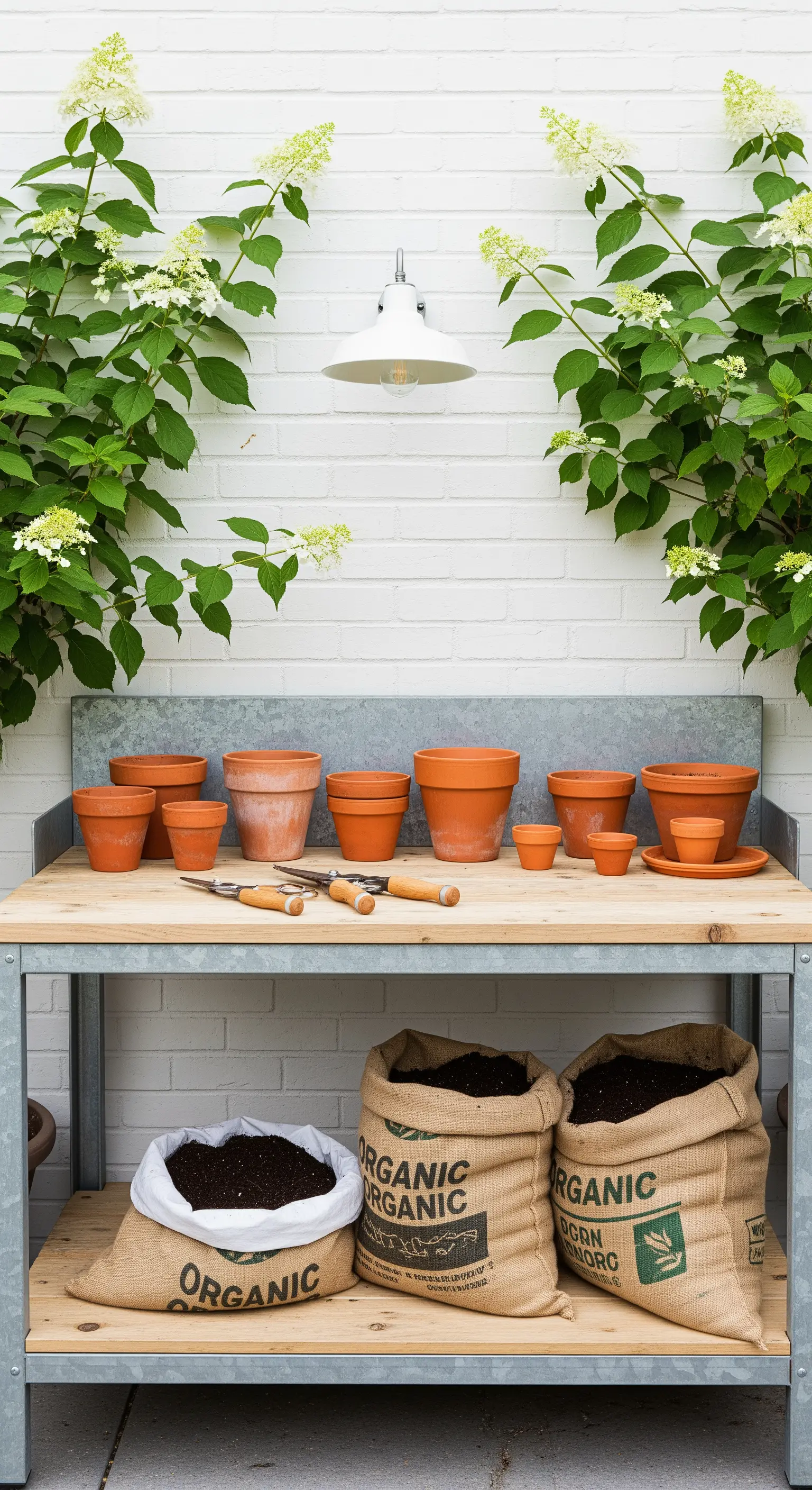 Pflanztisch mit Terrakottatöpfen und Jutesäcken vor weißer Wand