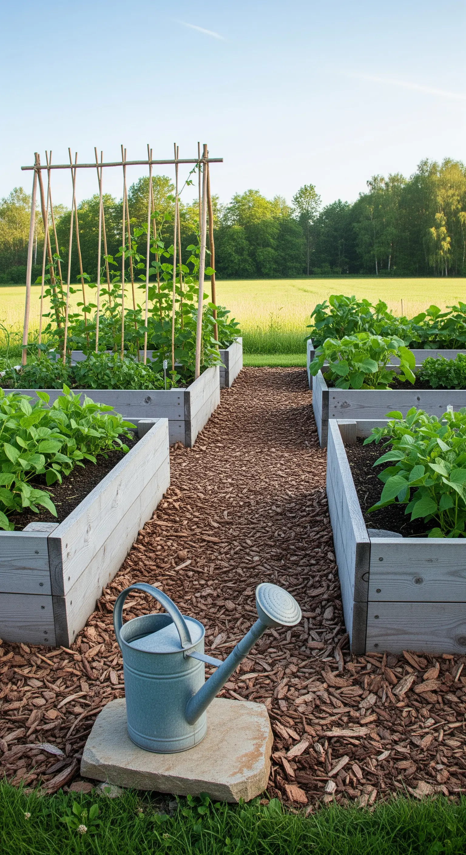 Symmetrische Hochbeete aus Holz mit Rindenmulch-Wegen