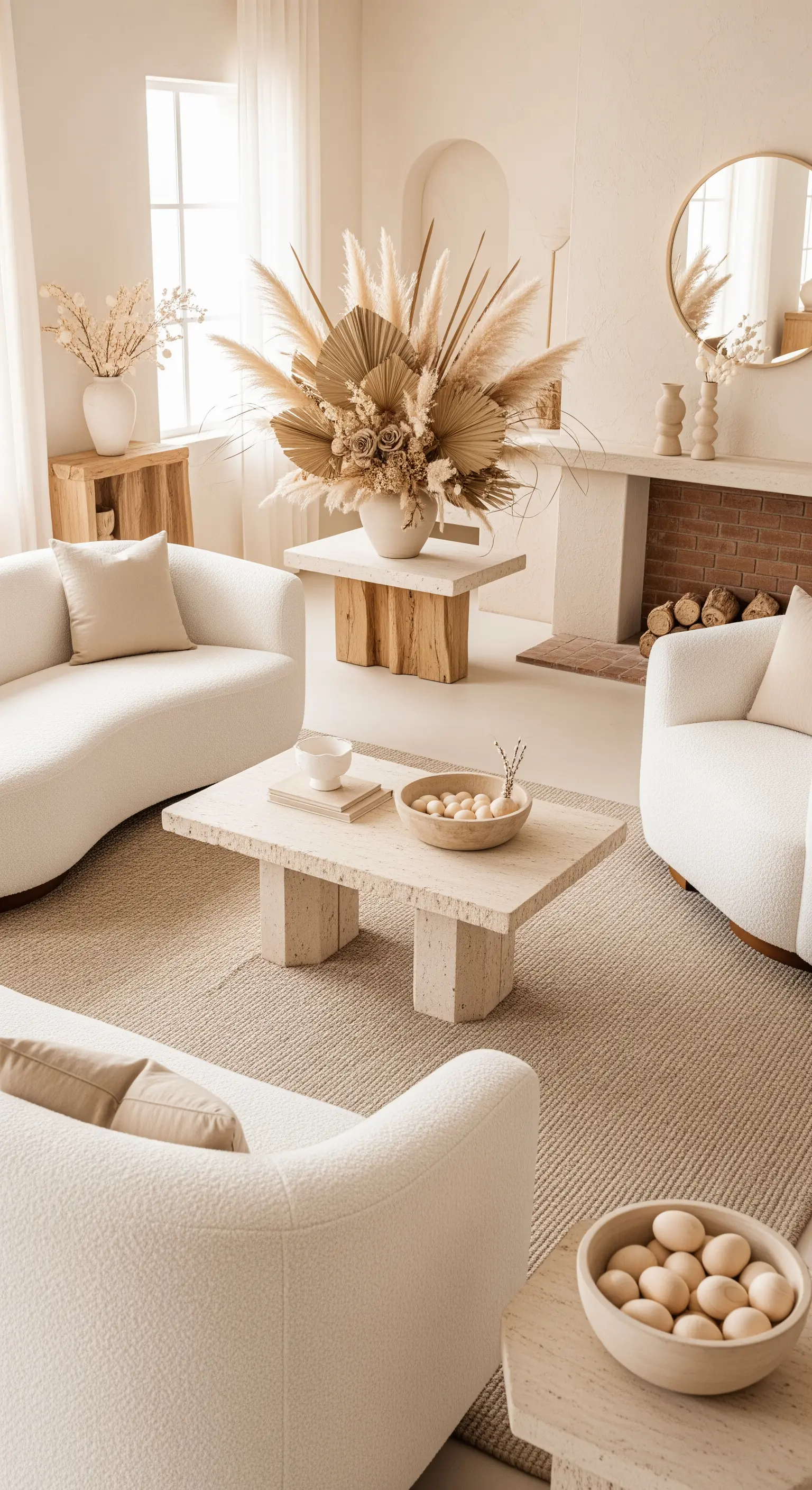 Helles Wohnzimmer mit Trockenblumen und Holzeiern