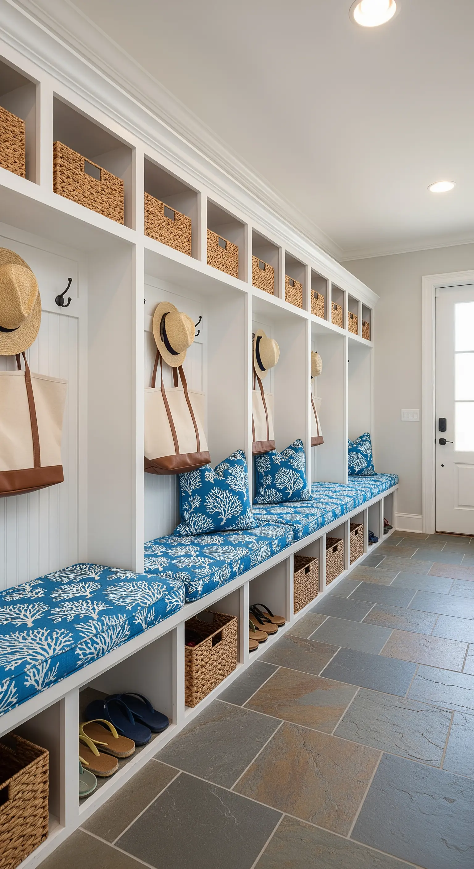 Garderobe mit Einbauschränken und blauer Sitzbank