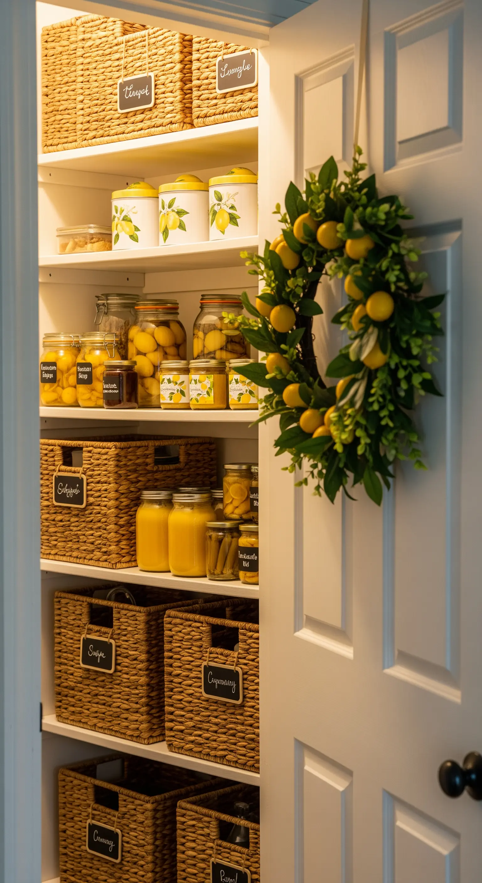 Geordneter Vorratsschrank mit Körben und Zitronenkranz an der Tür