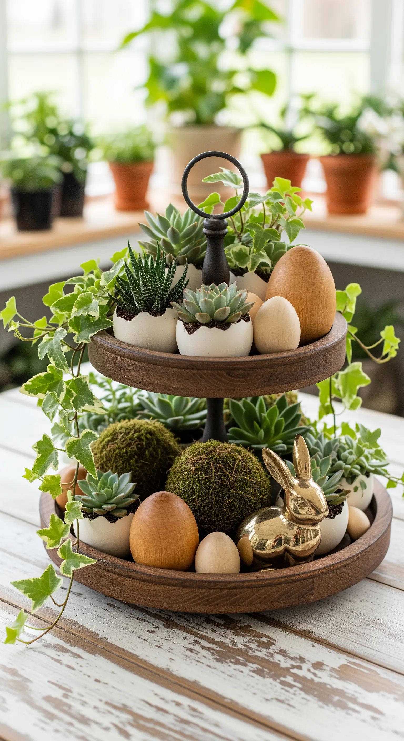 Dunkle Holz-Etagere mit Sukkulenten in Eierschalen