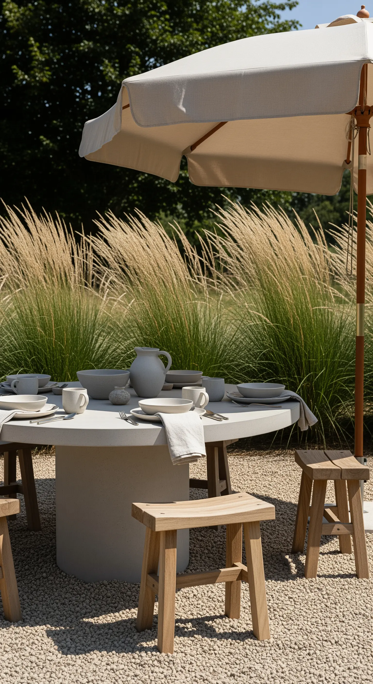 Runder Beton-Esstisch im Garten umgeben von hohem Gras