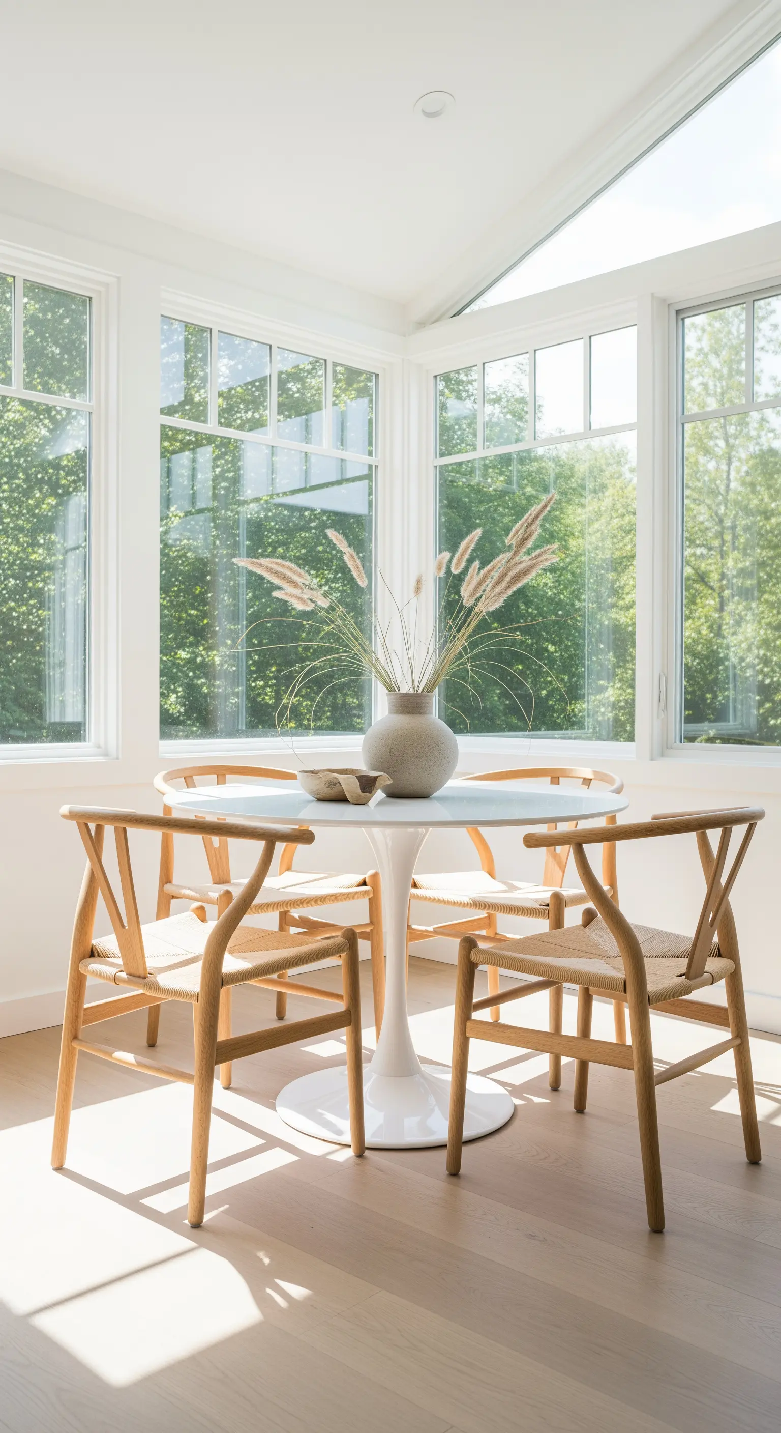 Runder Esstisch mit Holzstühlen im lichtdurchfluteten Erker