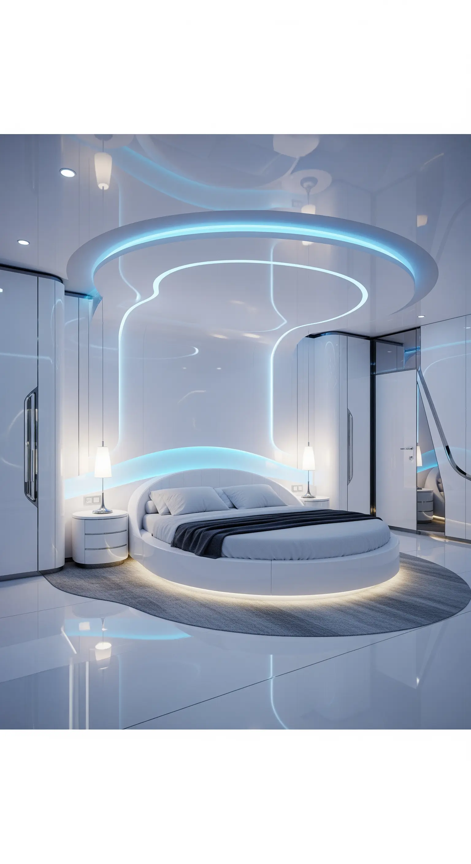 Futuristisches weißes Schlafzimmer blaue LED