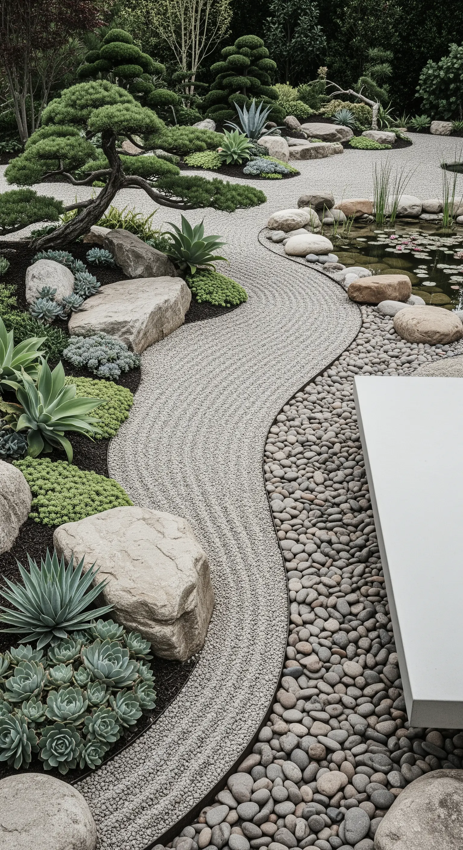 Geharkter Kies um Felsbrocken